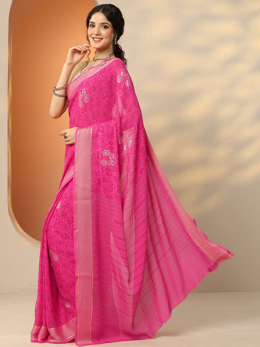 Pink Paisley Printed Georgette Saree With Unstitched Blouse Piece 
