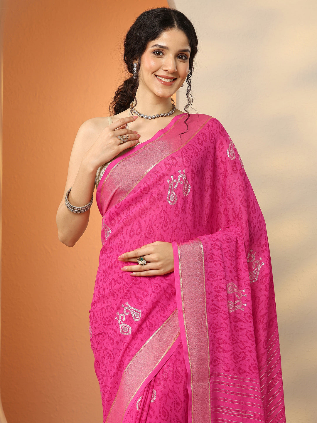  Pink Paisley Printed Georgette Saree With Unstitched Blouse Piece 