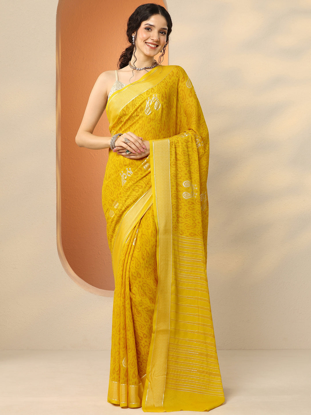  Mustard Paisley Printed Georgette Saree With Unstitched Blouse Piece 