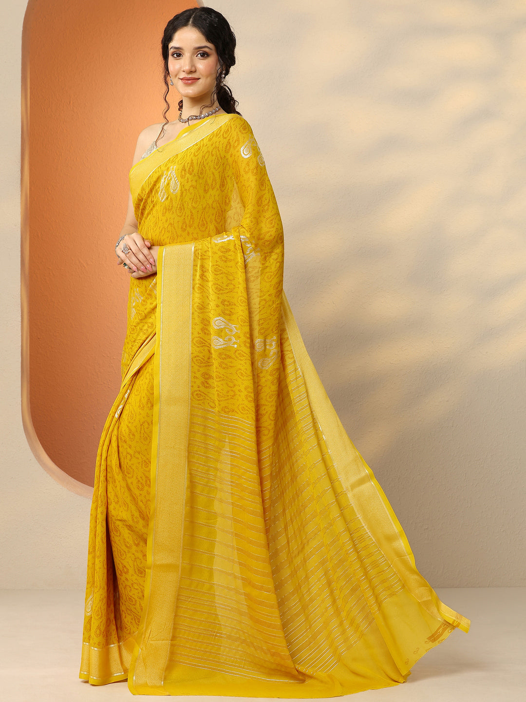  Mustard Paisley Printed Georgette Saree With Unstitched Blouse Piece 