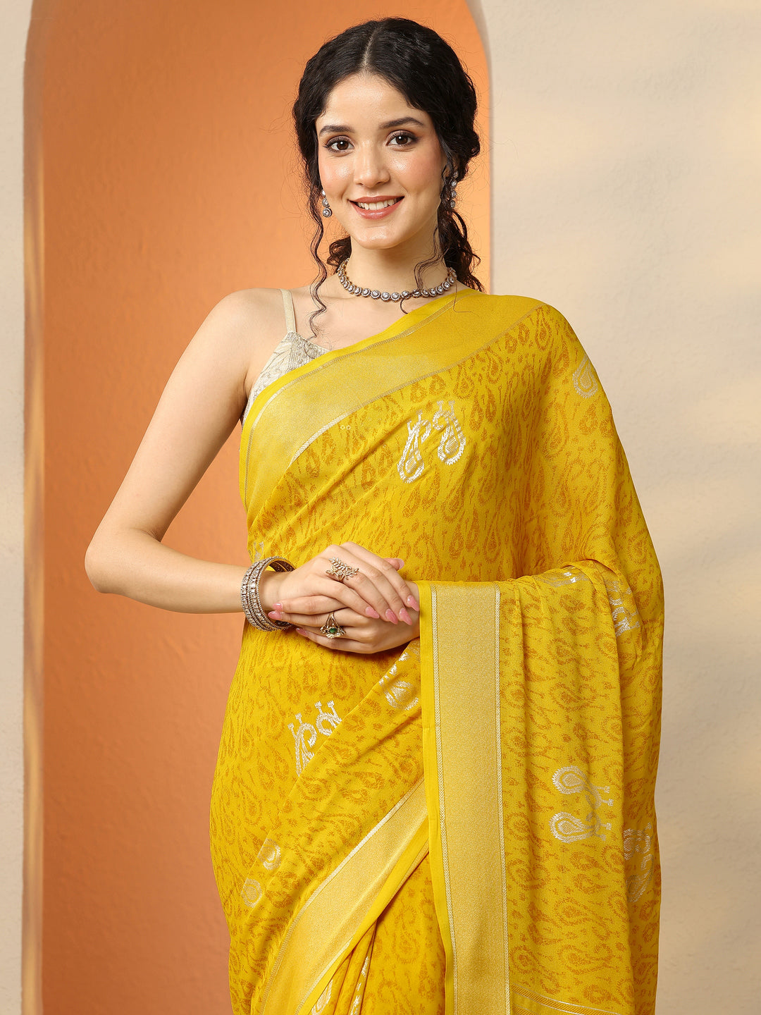 Mustard Paisley Printed Georgette Saree With Unstitched Blouse Piece 