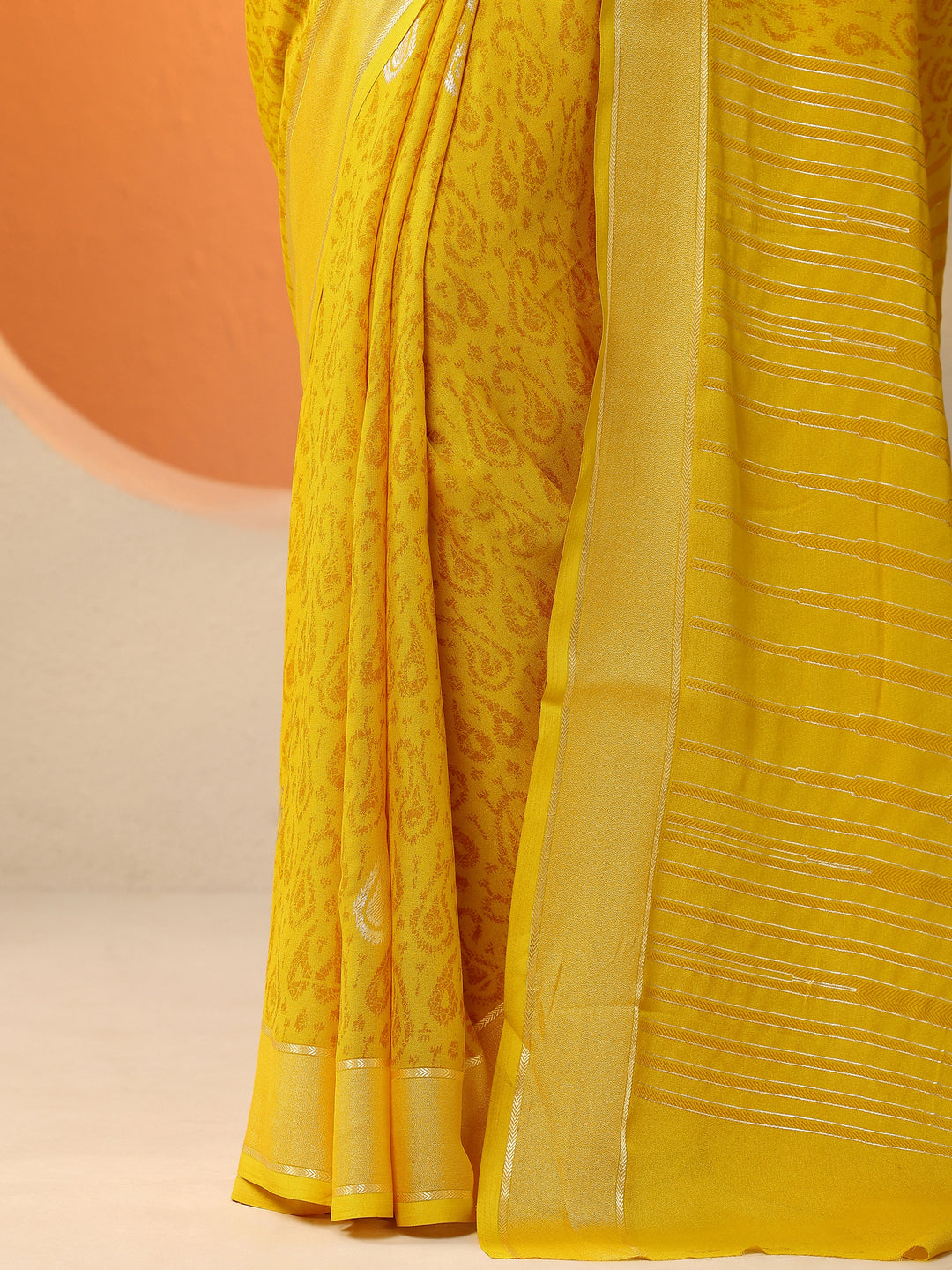  Mustard Paisley Printed Georgette Saree With Unstitched Blouse Piece 