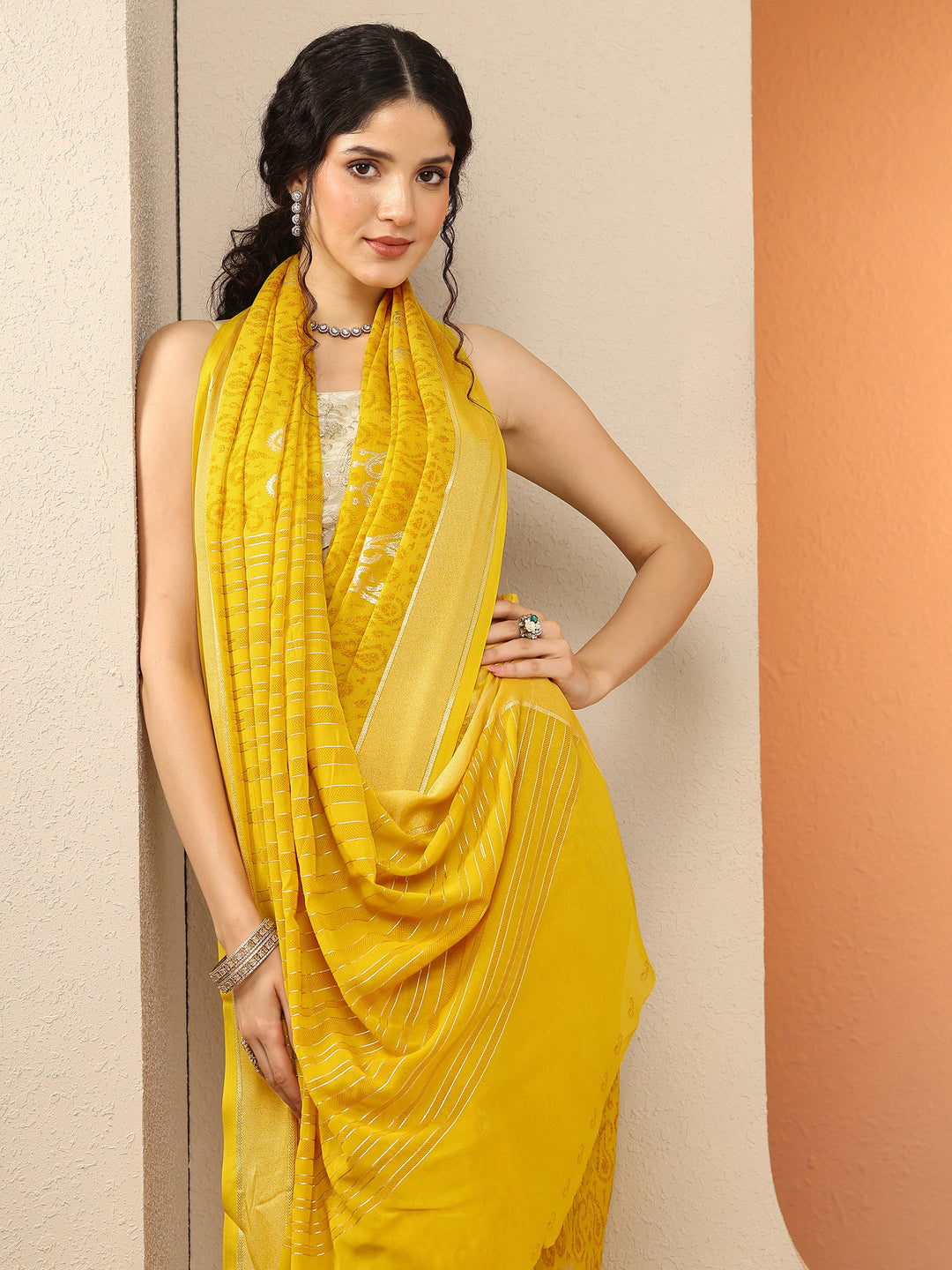 Mustard Paisley Printed Georgette Saree With Unstitched Blouse Piece 