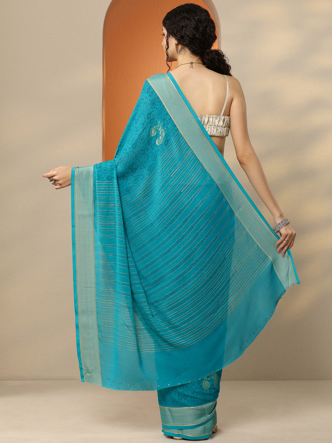  Blue Paisley Printed Georgette Saree With Unstitched Blouse Piece 