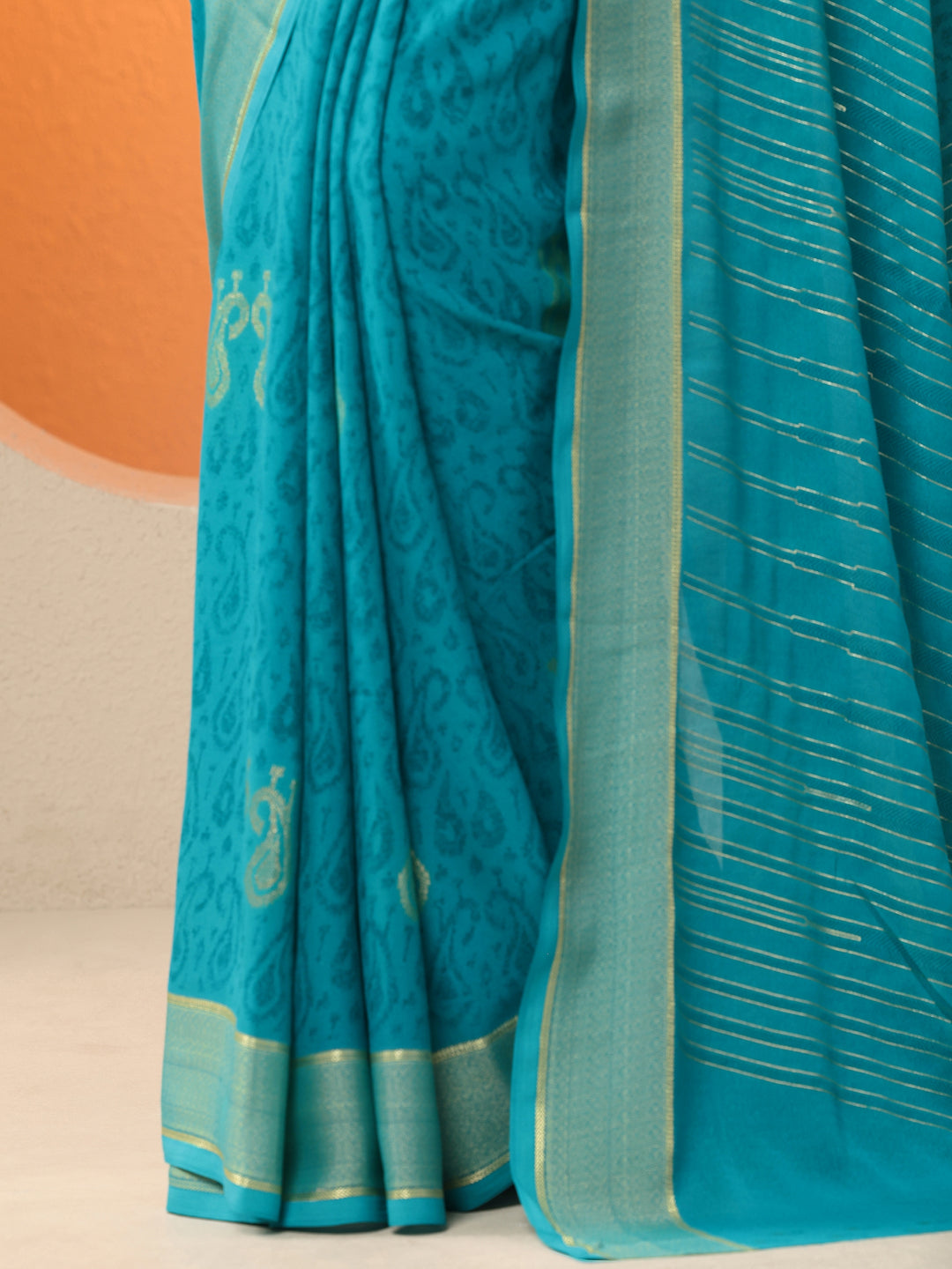  Blue Paisley Printed Georgette Saree With Unstitched Blouse Piece 