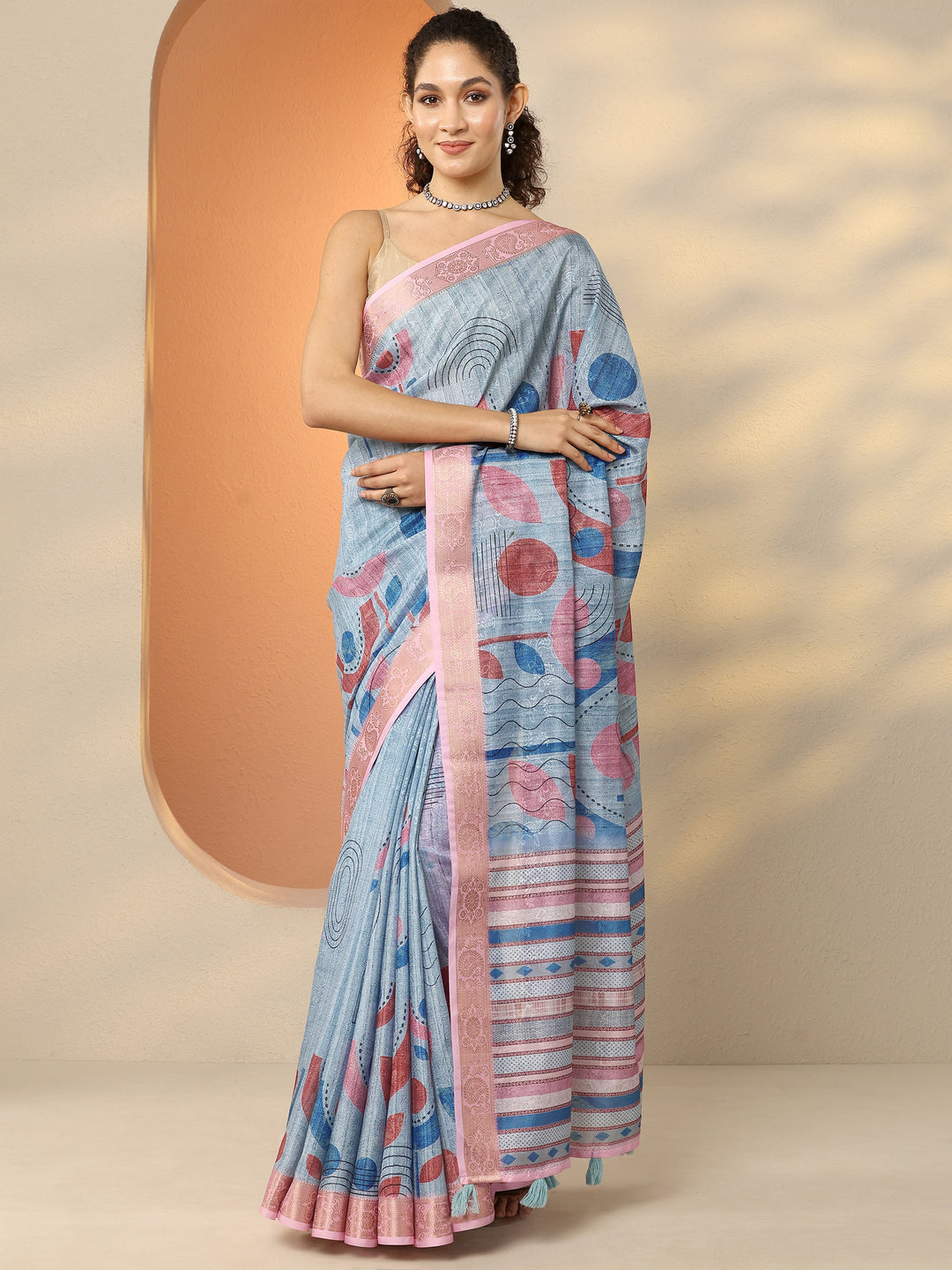  Blue Printed Silk Blend Saree With Unstitched Blouse Piece 