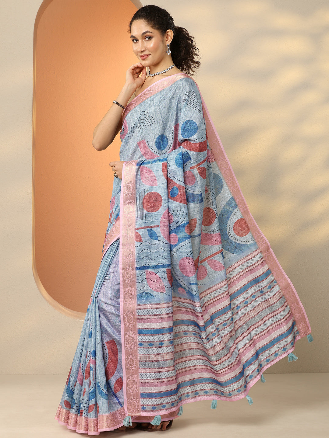  Blue Printed Silk Blend Saree With Unstitched Blouse Piece 