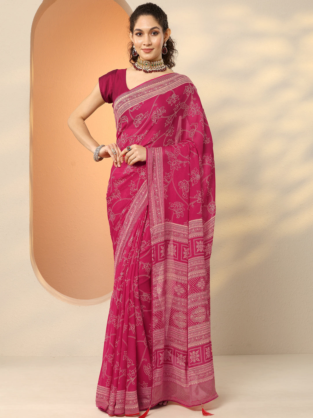  Pink Printed Georgette Saree With Unstitched Blouse Piece 