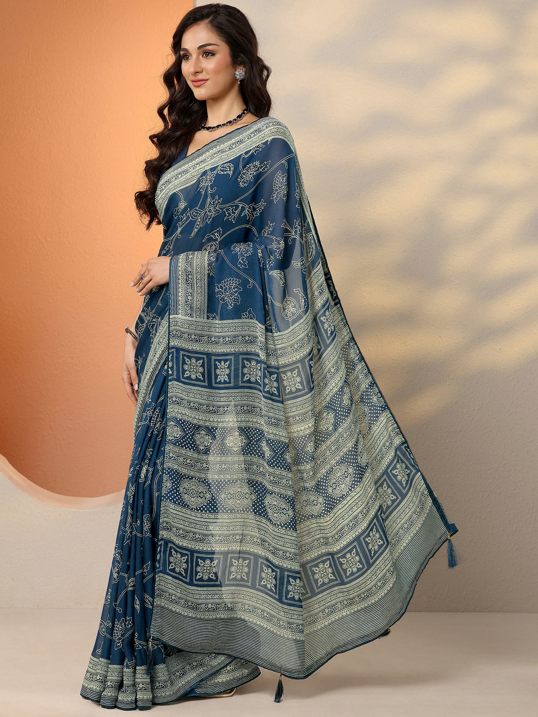  Navy Blue Printed Georgette Saree With Unstitched Blouse Piece 