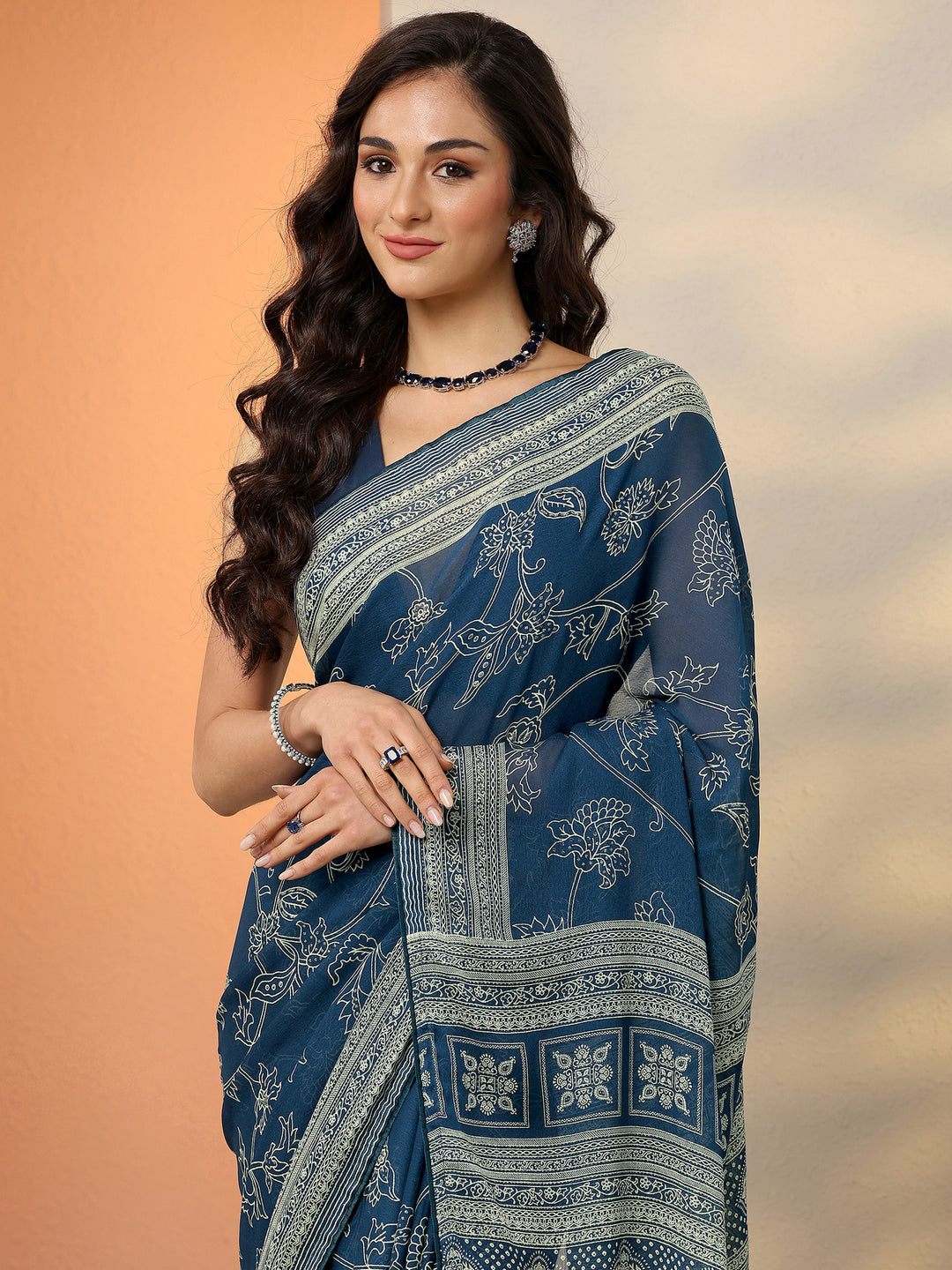  Navy Blue Printed Georgette Saree With Unstitched Blouse Piece 
