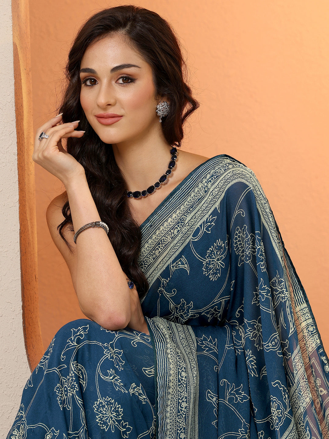 Navy Blue Printed Georgette Saree With Unstitched Blouse Piece