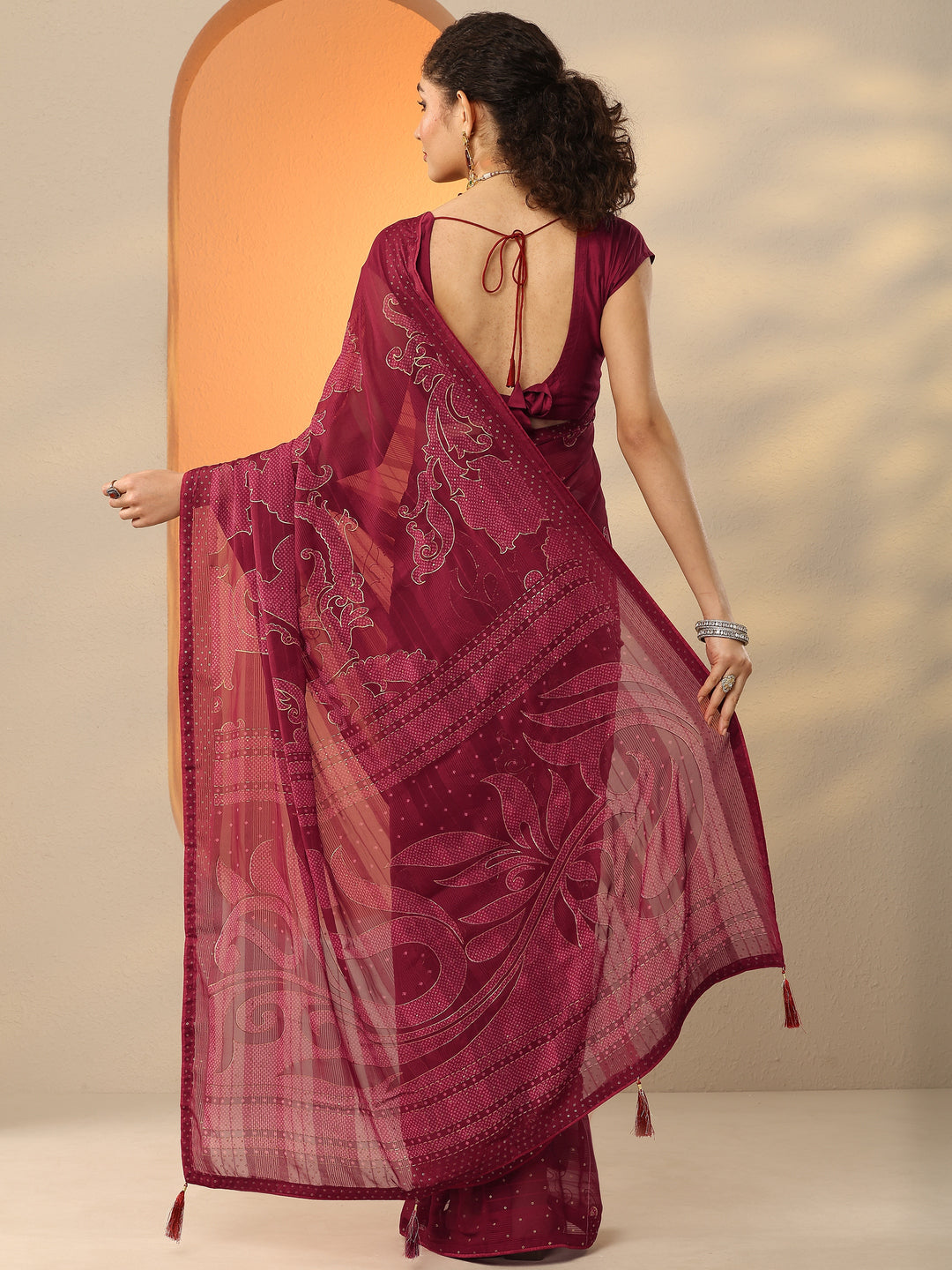  Maroon Bandhani Printed Georgette Saree With Unstitched Blouse Piece 