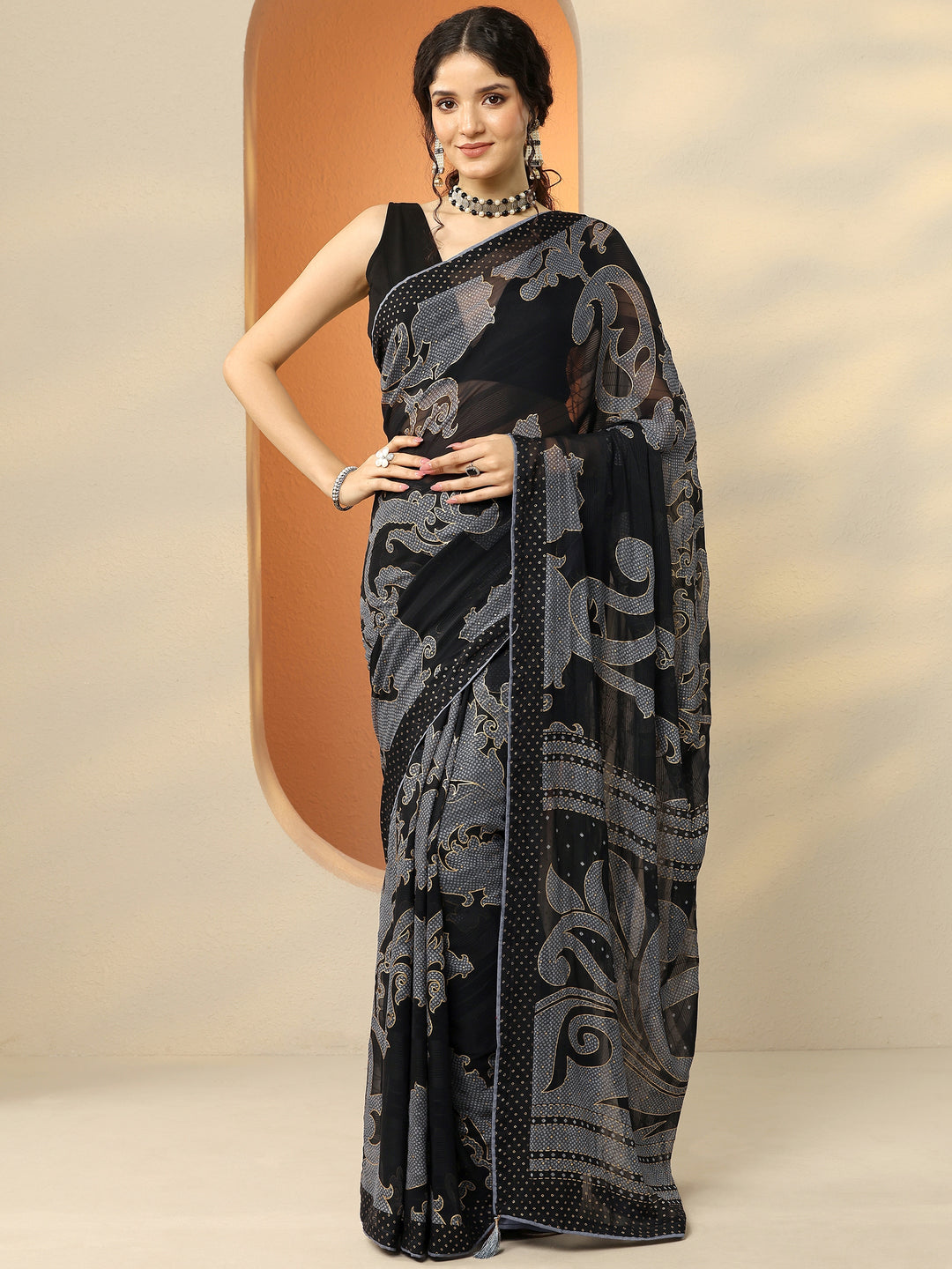  Black Bandhani Printed Georgette Saree With Unstitched Blouse Piece 