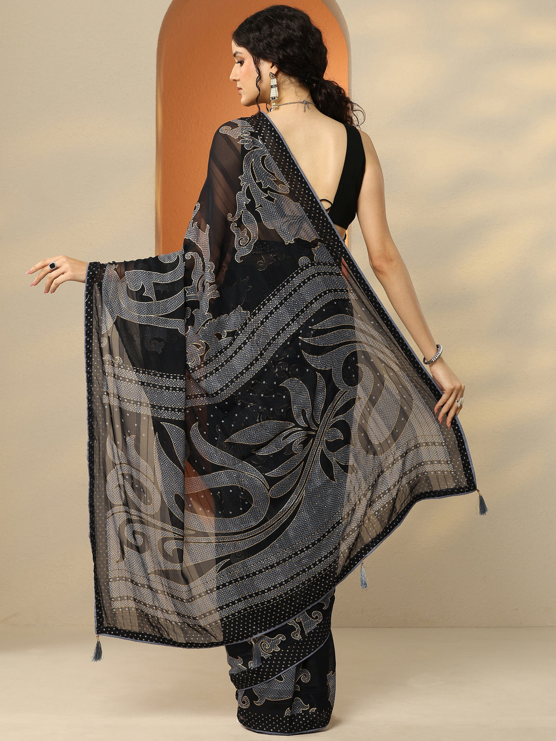  Black Bandhani Printed Georgette Saree With Unstitched Blouse Piece 