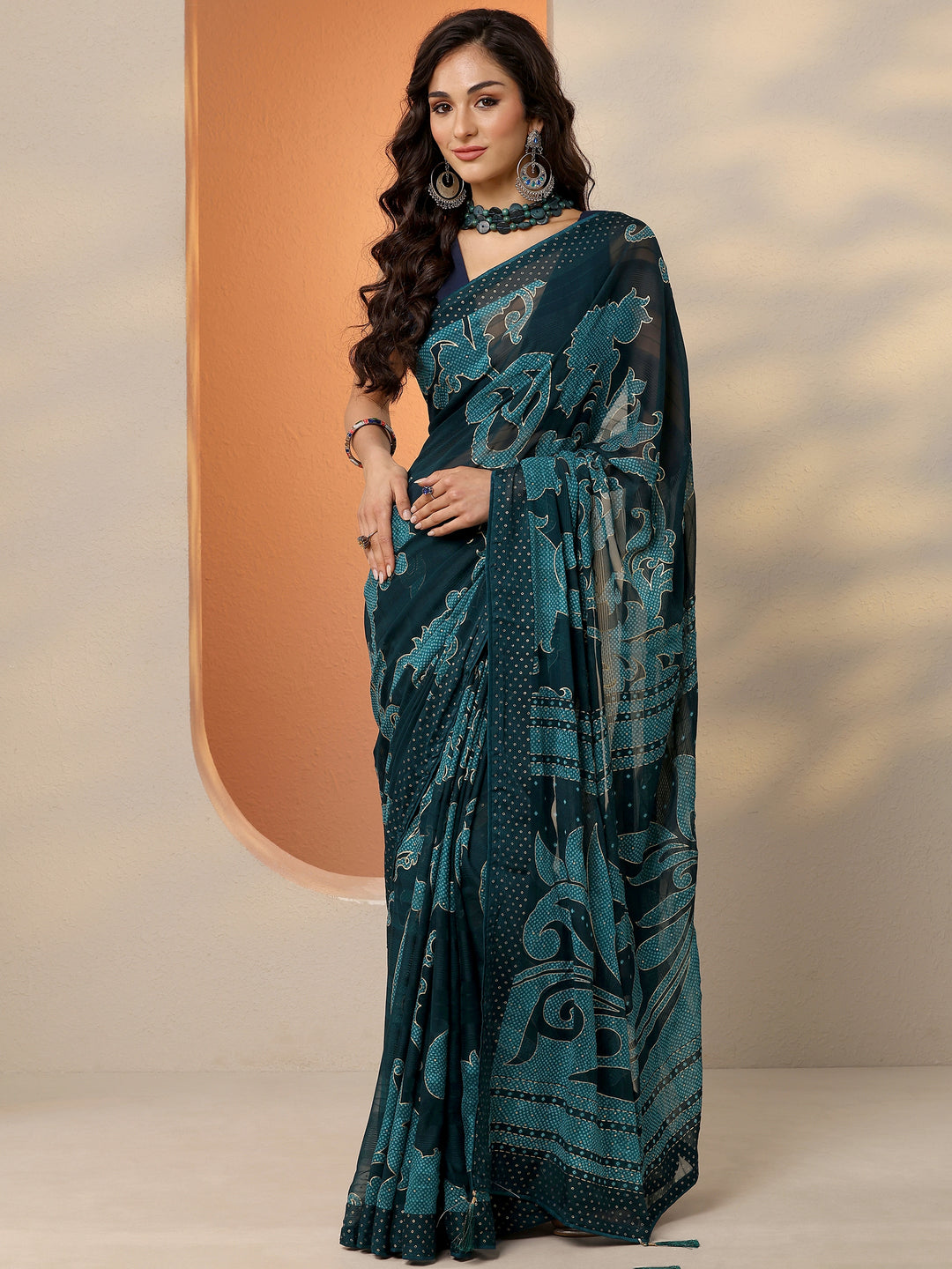  Navy Blue Bandhani Printed Georgette Saree With Unstitched Blouse Piece 