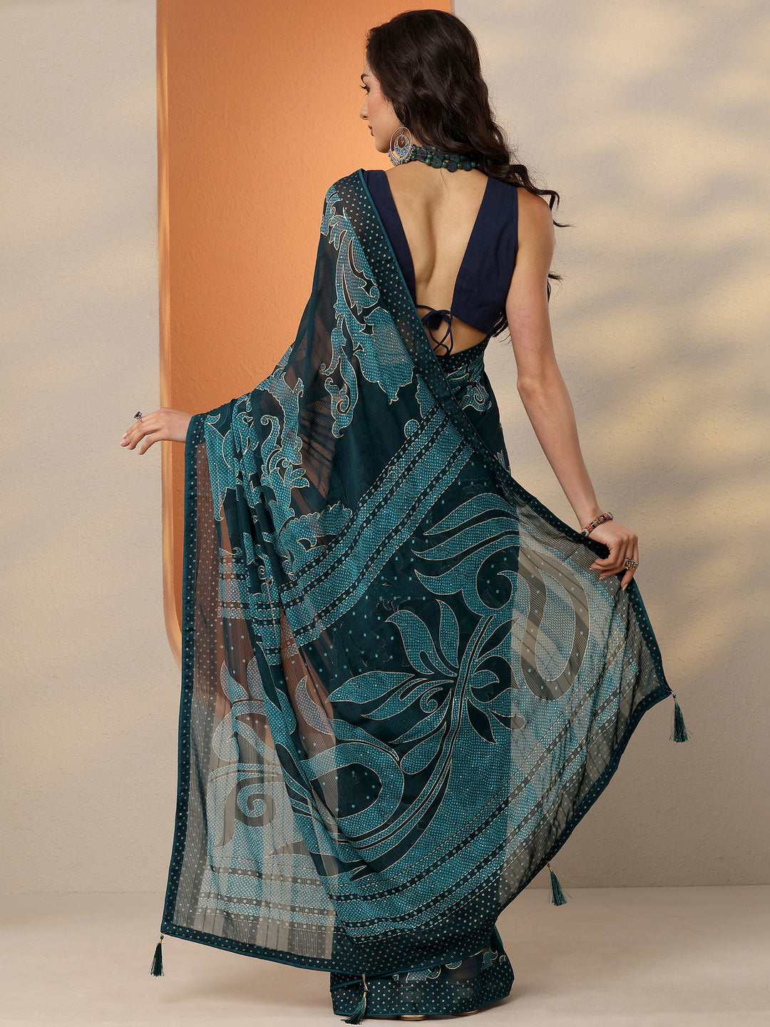  Navy Blue Bandhani Printed Georgette Saree With Unstitched Blouse Piece 