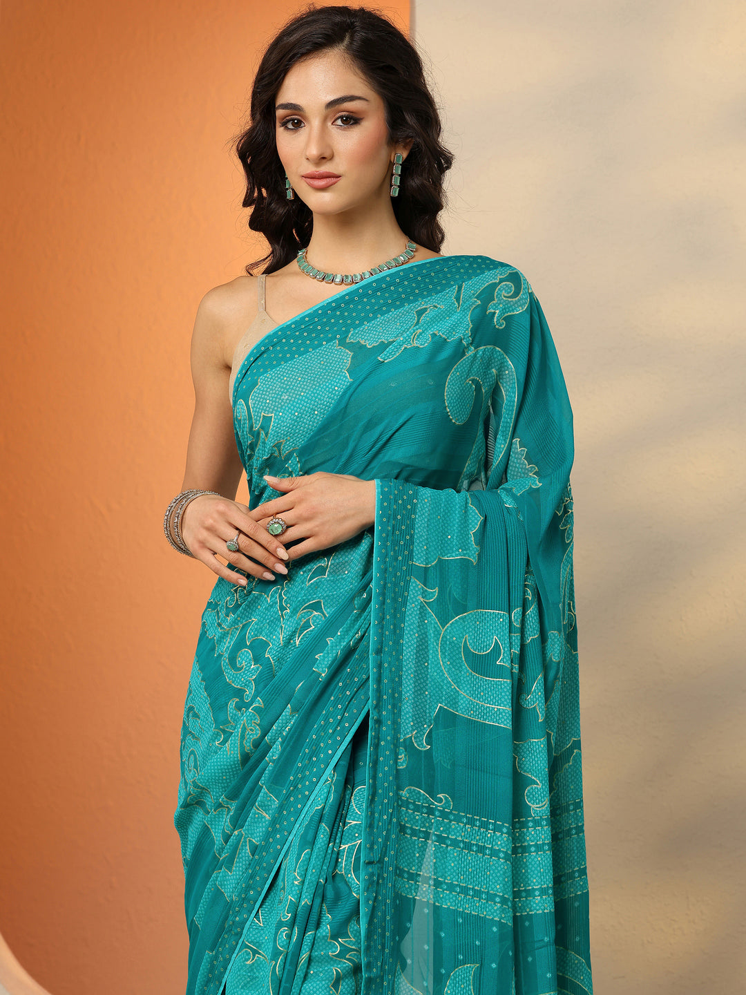  Green Bandhani Printed Georgette Saree With Unstitched Blouse Piece 