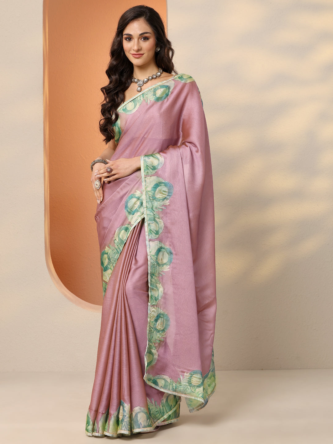  Mauve Printed Silk Blend Saree With Unstitched Blouse Piece 