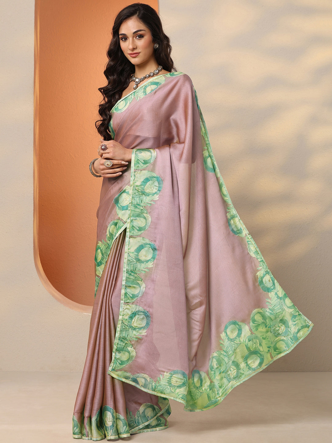  Mauve Printed Silk Blend Saree With Unstitched Blouse Piece 