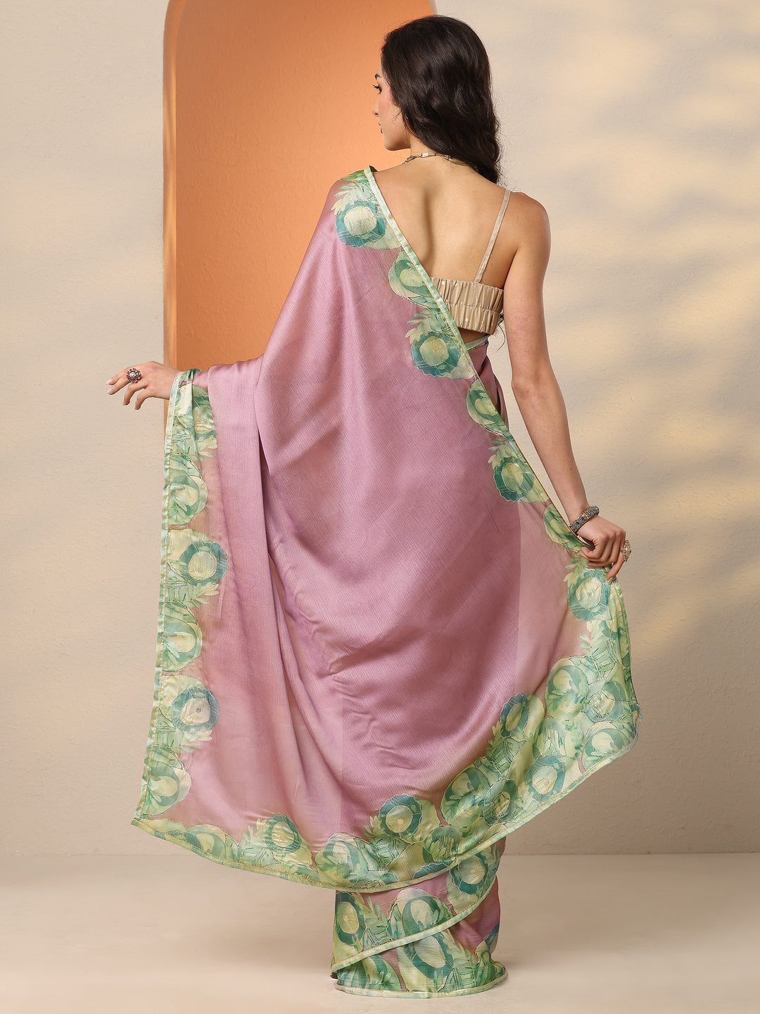  Mauve Printed Silk Blend Saree With Unstitched Blouse Piece 