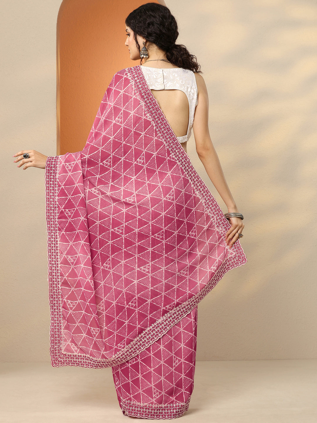  Pink Bandhani Printed Georgette Saree With Unstitched Blouse Piece 