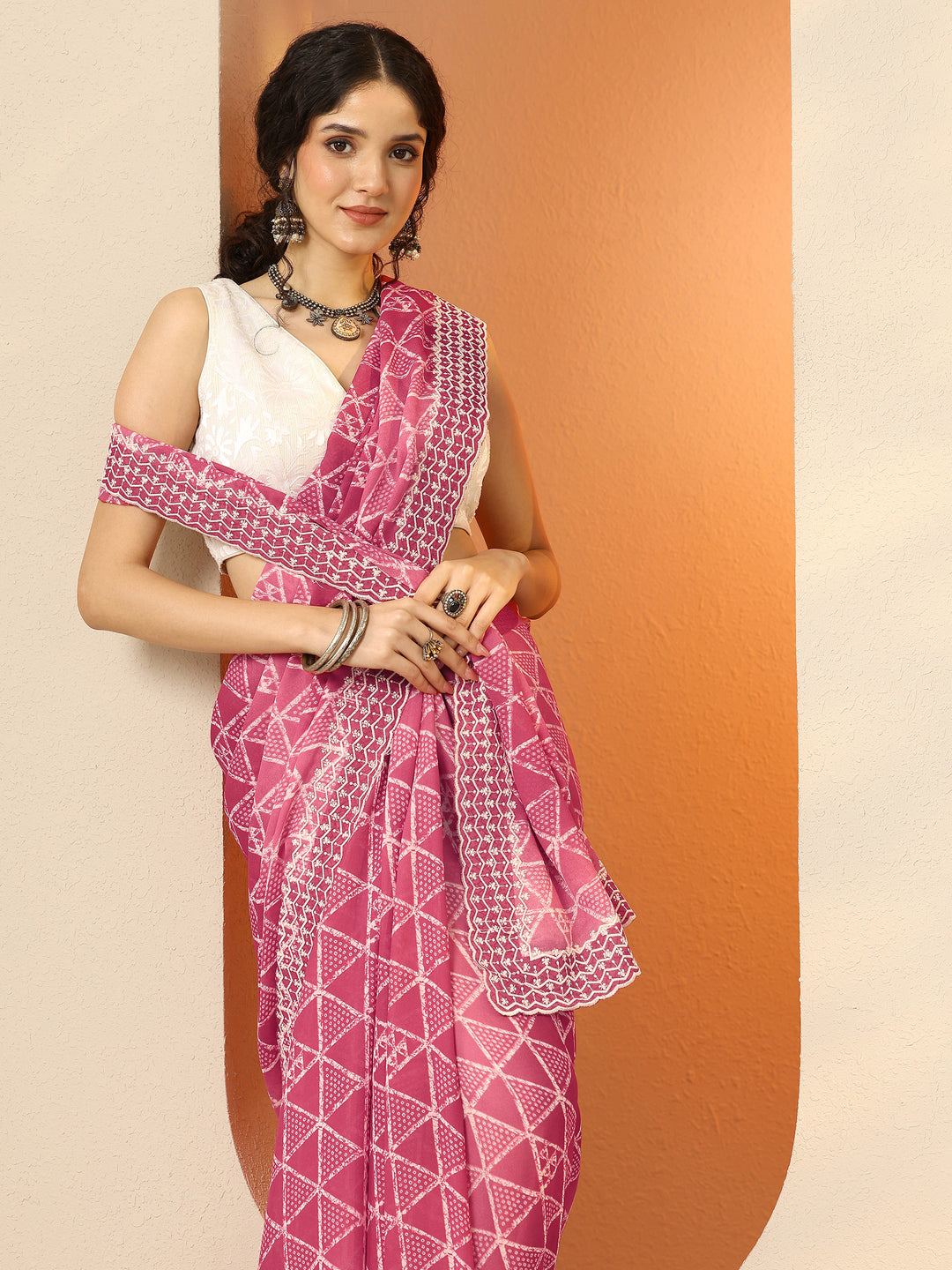  Pink Bandhani Printed Georgette Saree With Unstitched Blouse Piece 