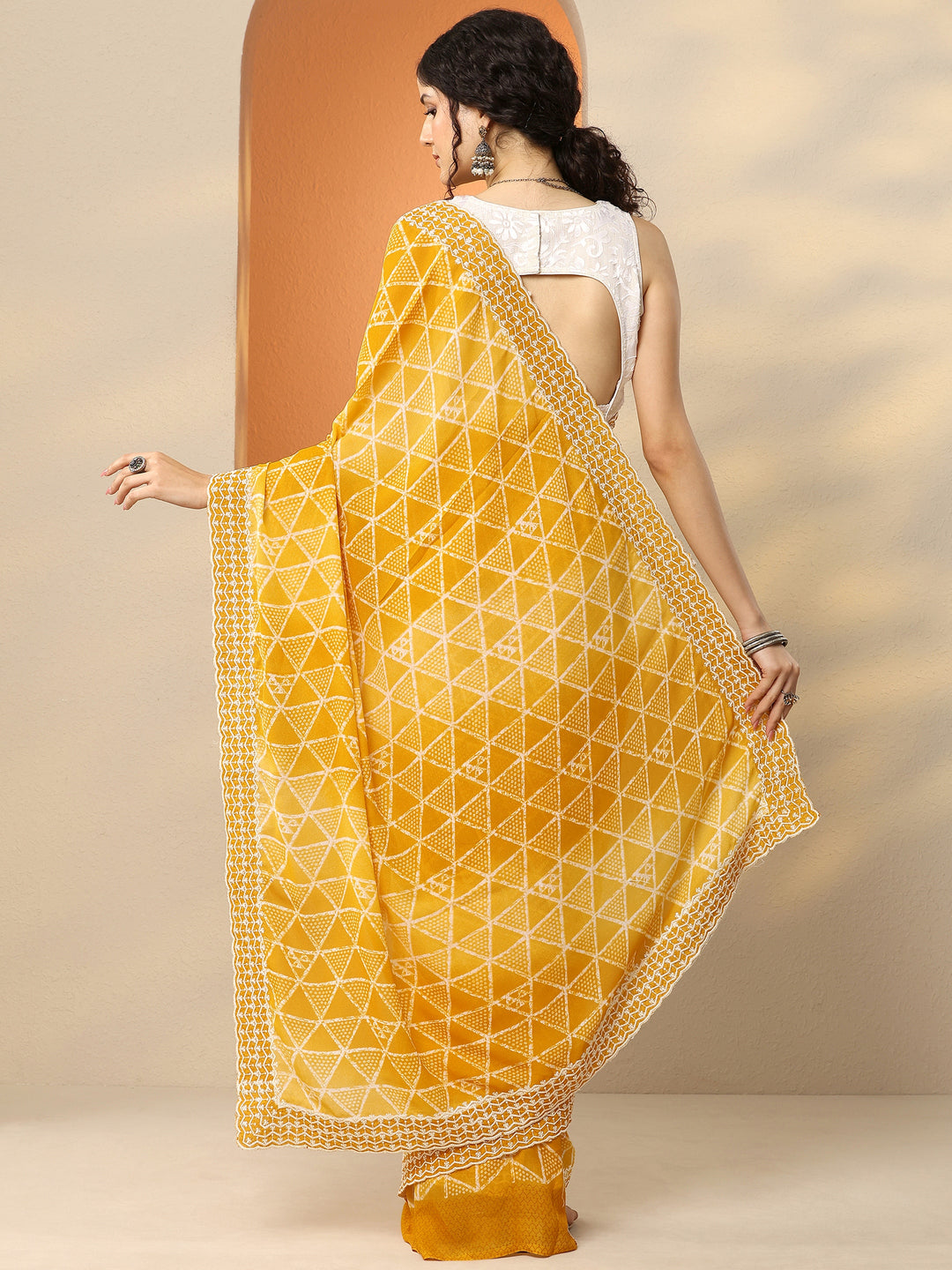  Mustard Bandhani Printed Georgette Saree With Unstitched Blouse Piece 