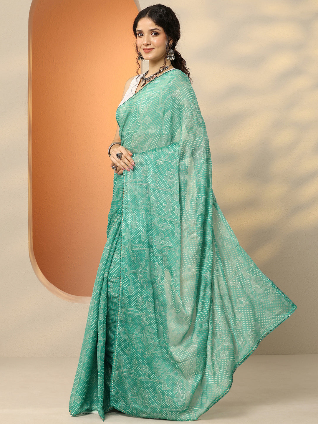  Green Bandhani Printed Georgette Saree With Unstitched Blouse Piece 