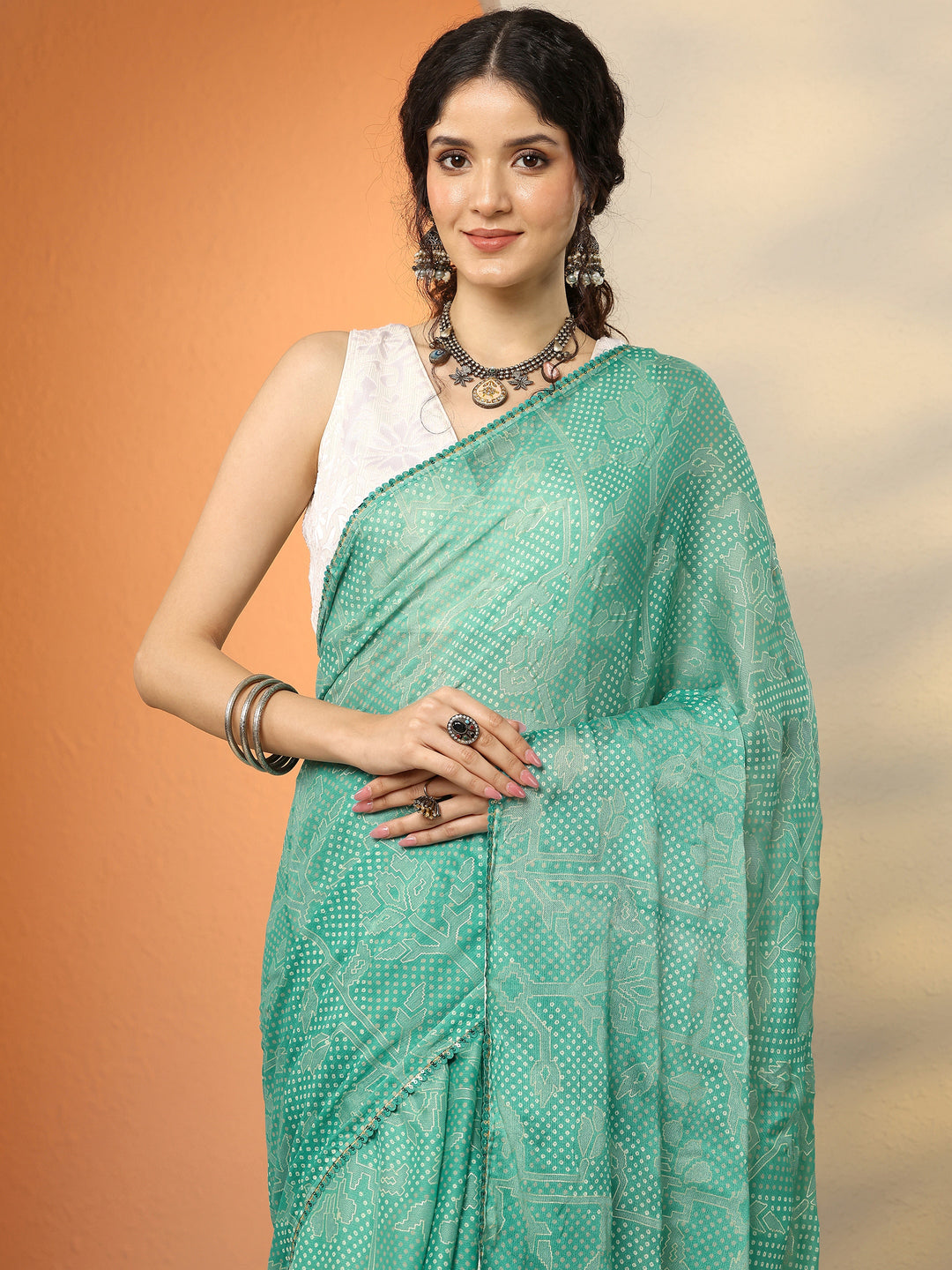  Green Bandhani Printed Georgette Saree With Unstitched Blouse Piece 