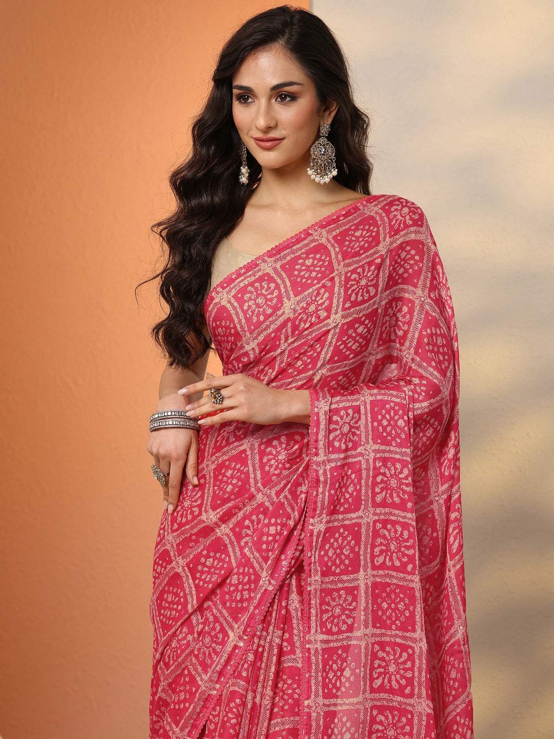  Pink Printed Georgette Saree With Unstitched Blouse Piece 