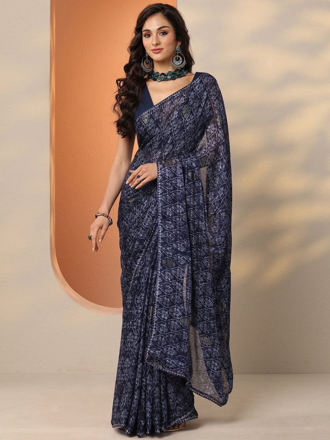  Navy Blue Printed Georgette Saree With Unstitched Blouse Piece 