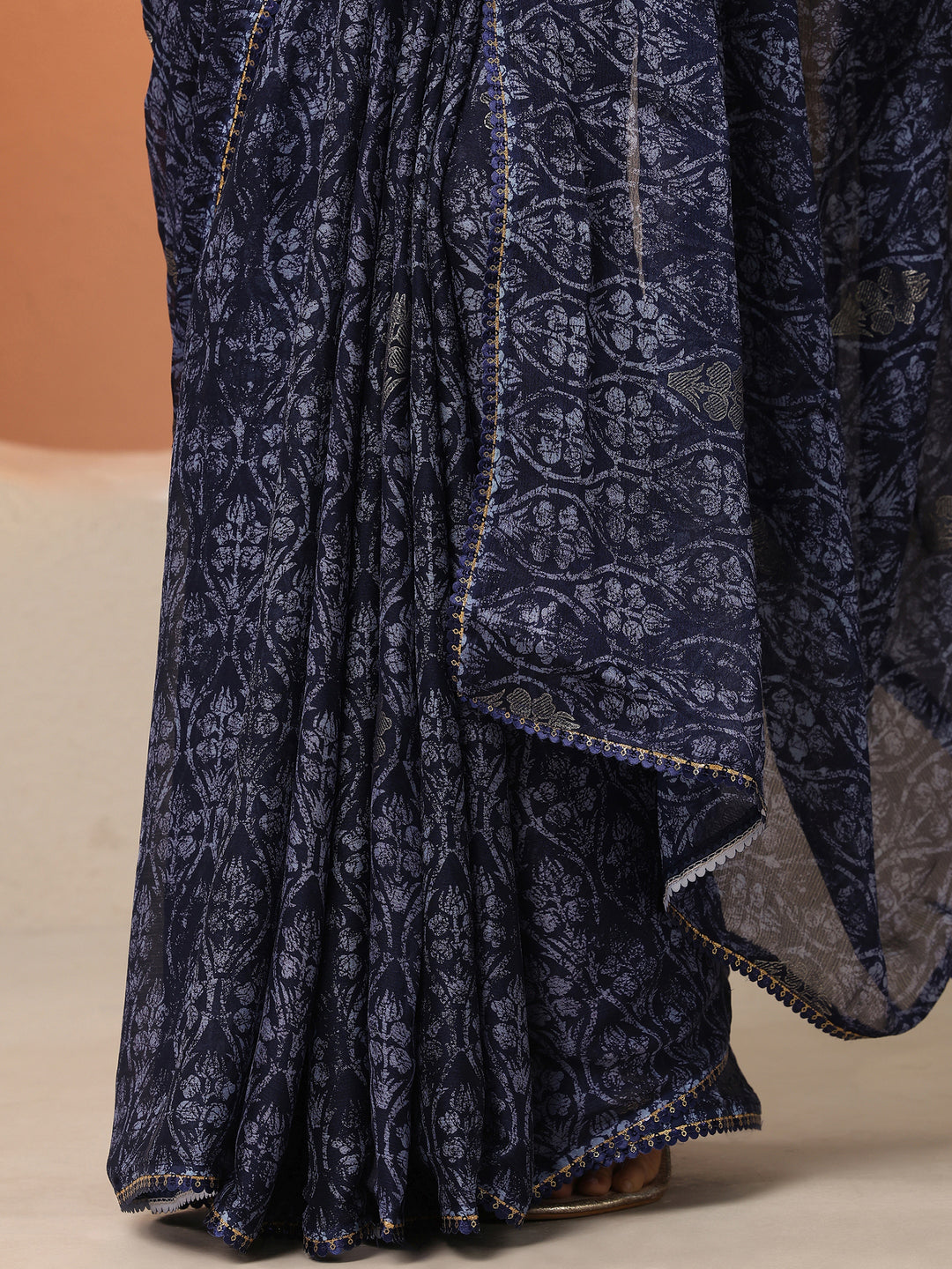  Navy Blue Printed Georgette Saree With Unstitched Blouse Piece 