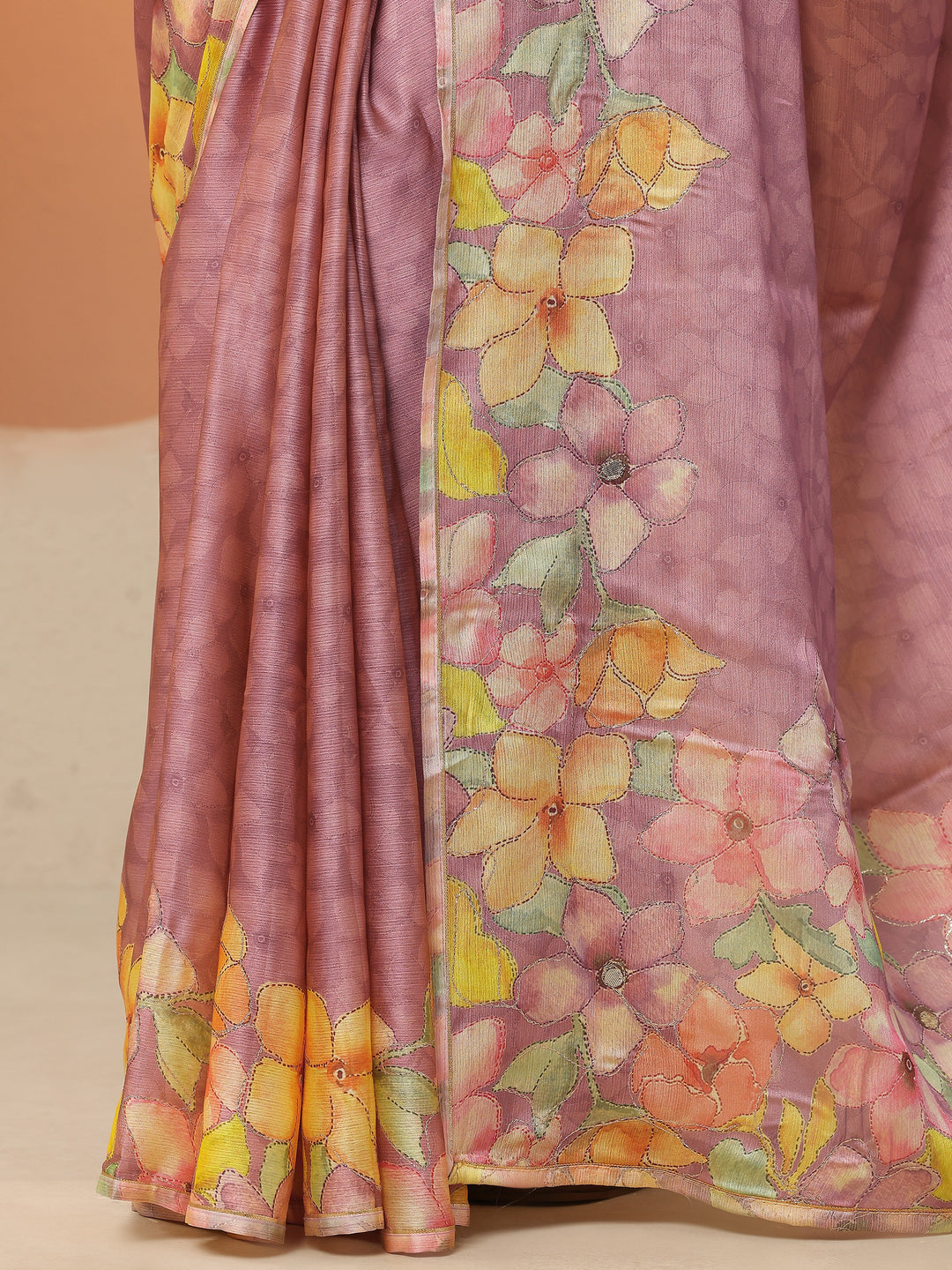  Mauve Printed Silk Blend Saree With Unstitched Blouse Piece 