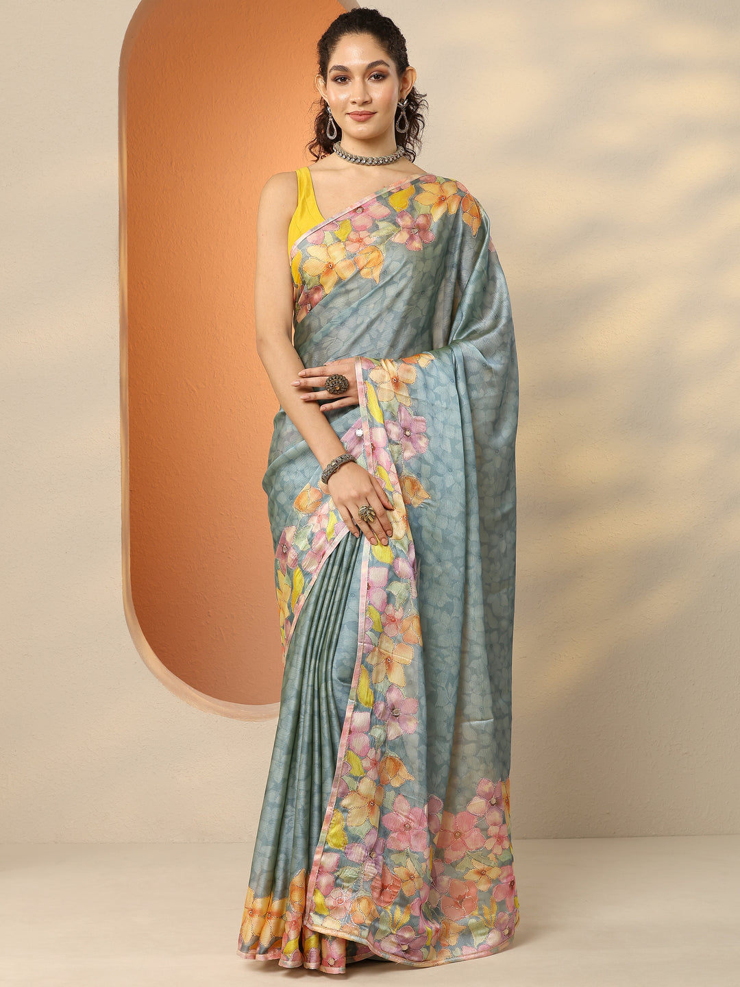  Blue Printed Silk Blend Saree With Unstitched Blouse Piece 