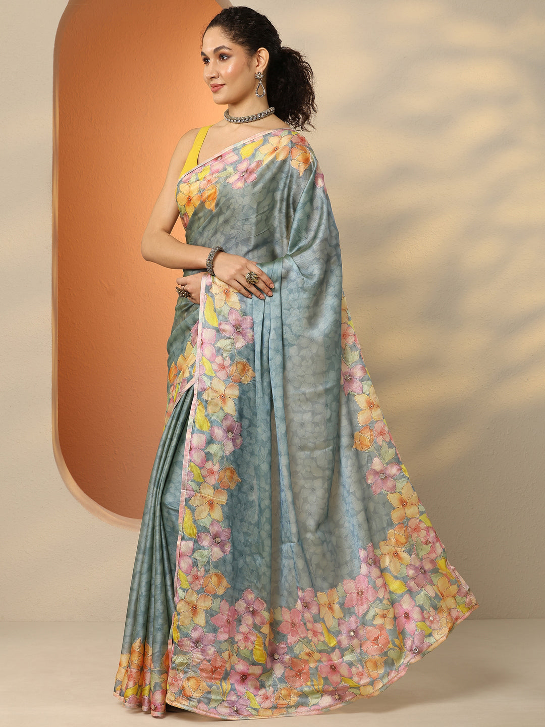  Blue Printed Silk Blend Saree With Unstitched Blouse Piece 