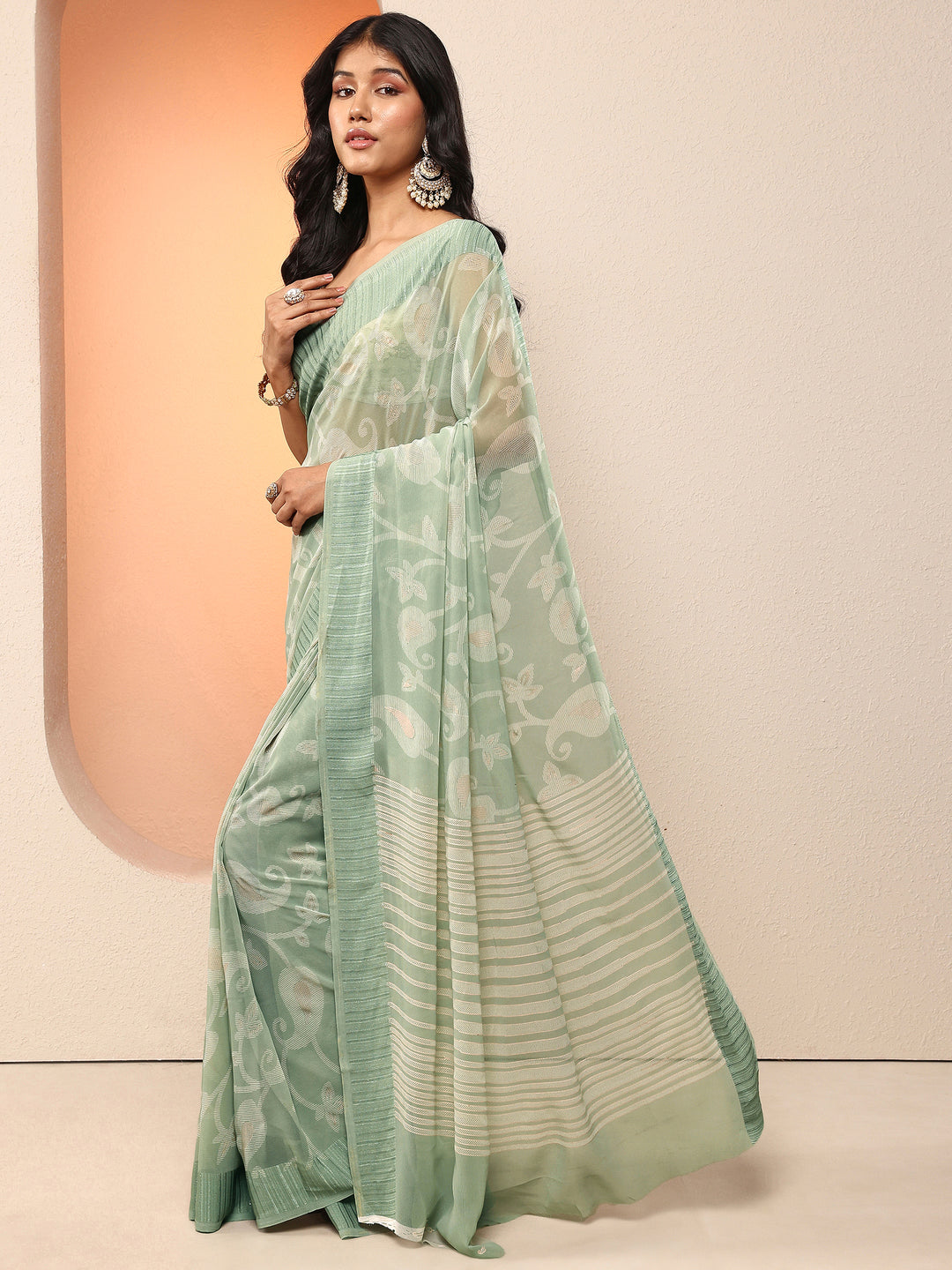  Green Paisley Printed Georgette Saree With Unstitched Blouse Piece 