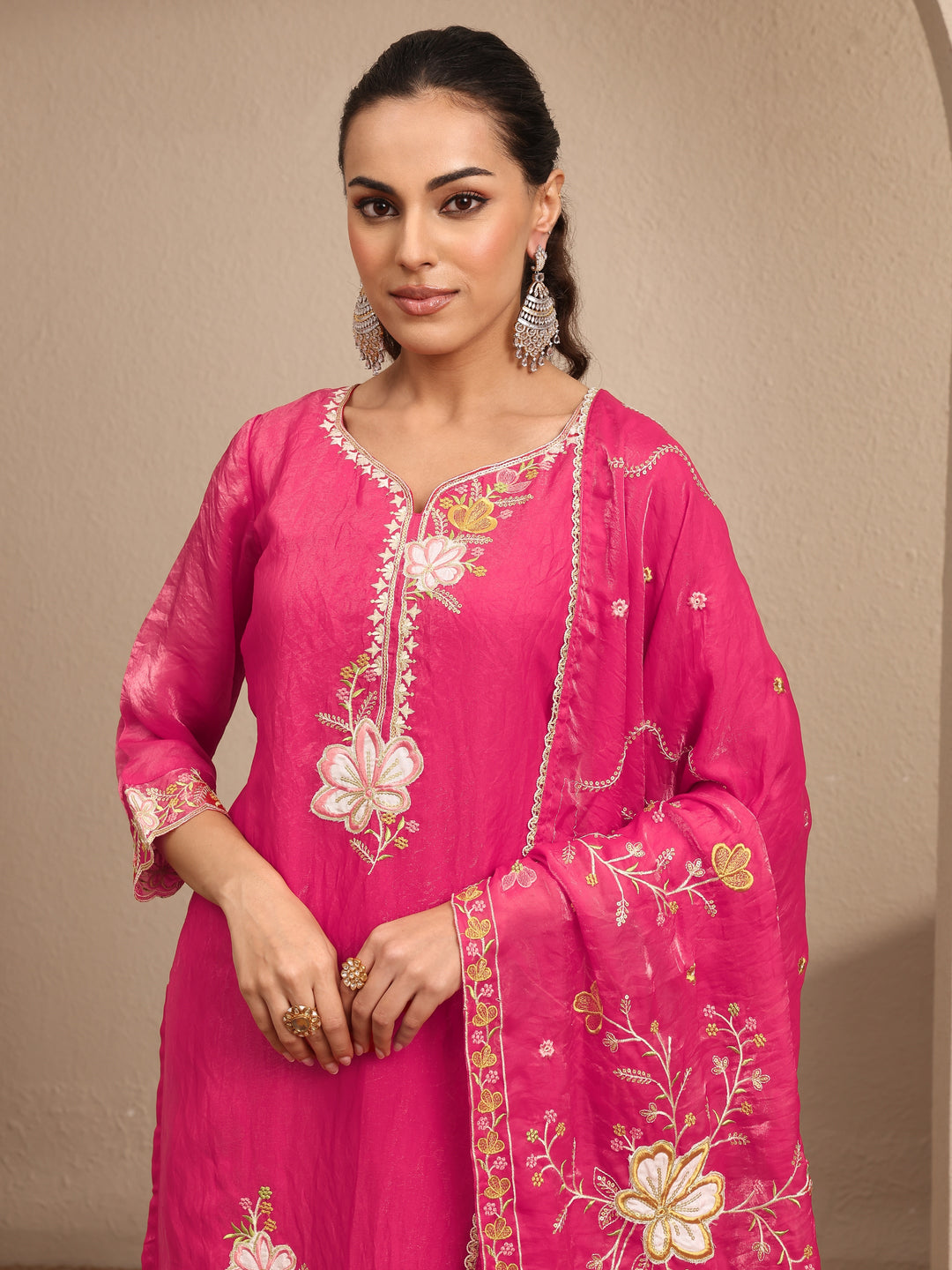  Pink Embroidered Organza Straight Suit Set With Dupatta 