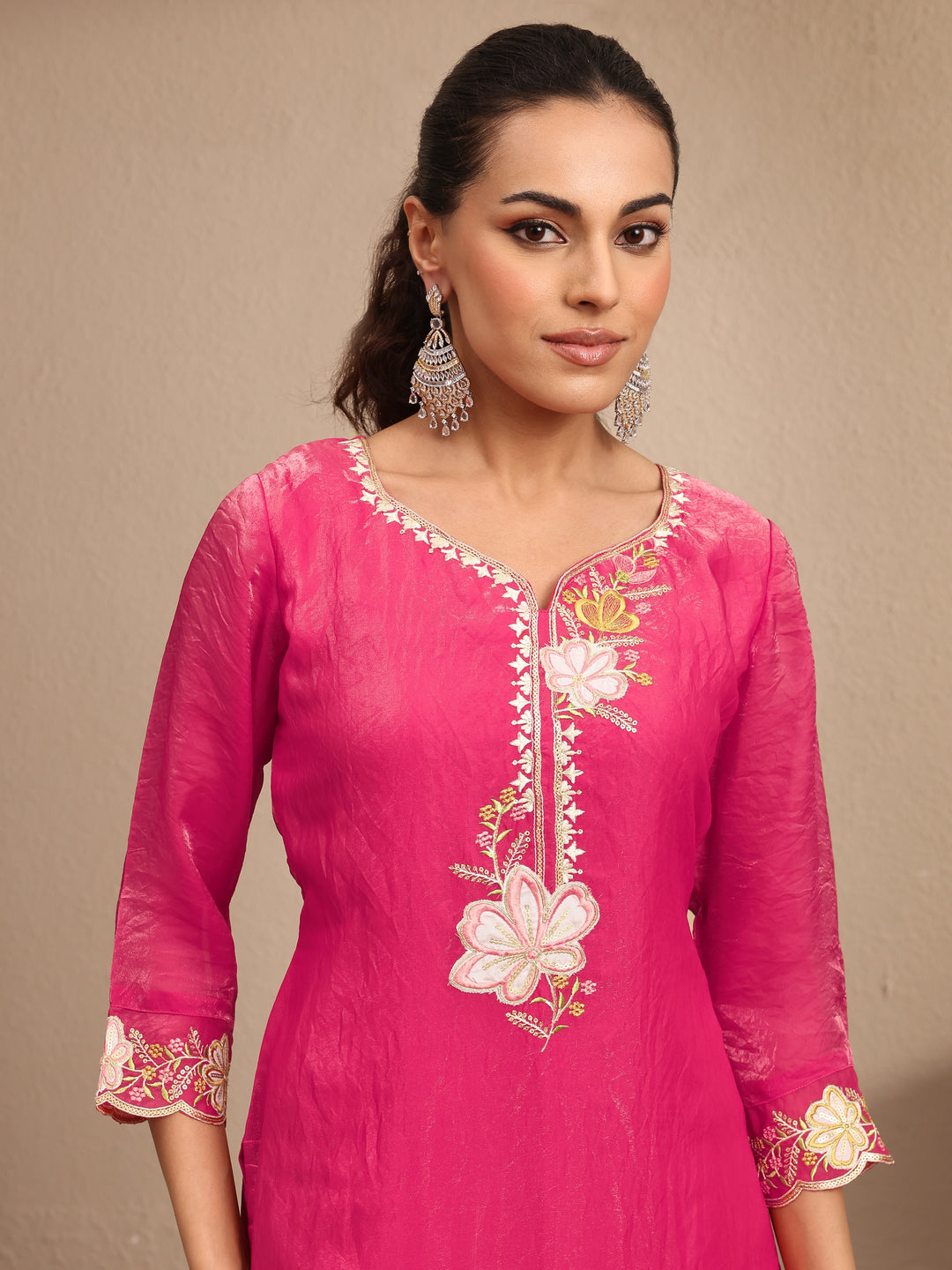  Pink Embroidered Organza Straight Suit Set With Dupatta 