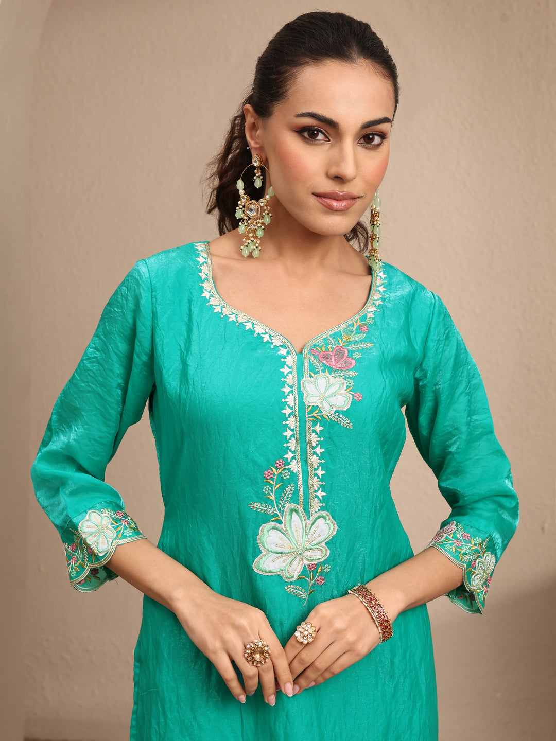  Green Embroidered Organza Straight Suit Set With Dupatta 