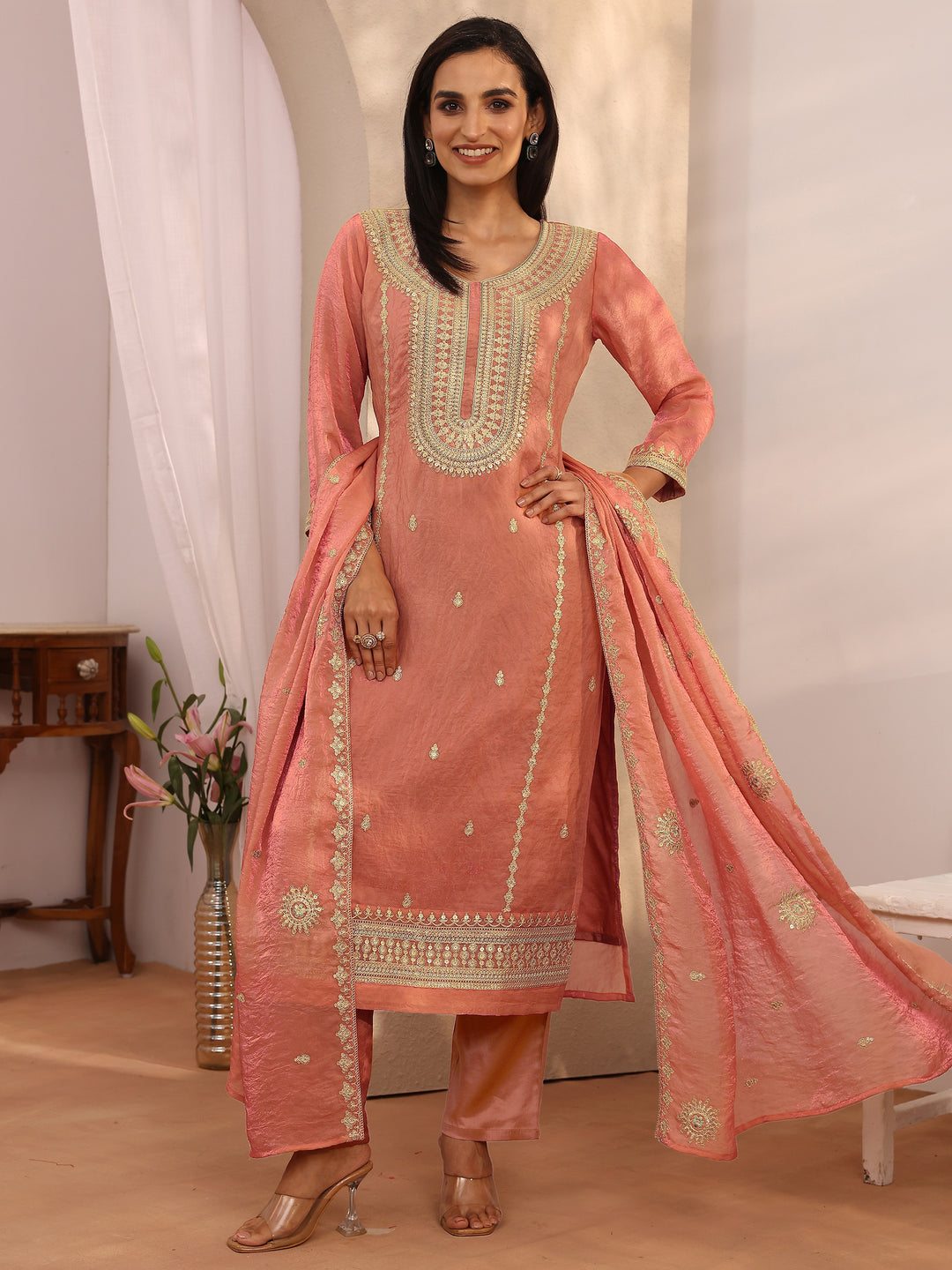  Peach Embroidered Organza Straight Suit Set With Dupatta 