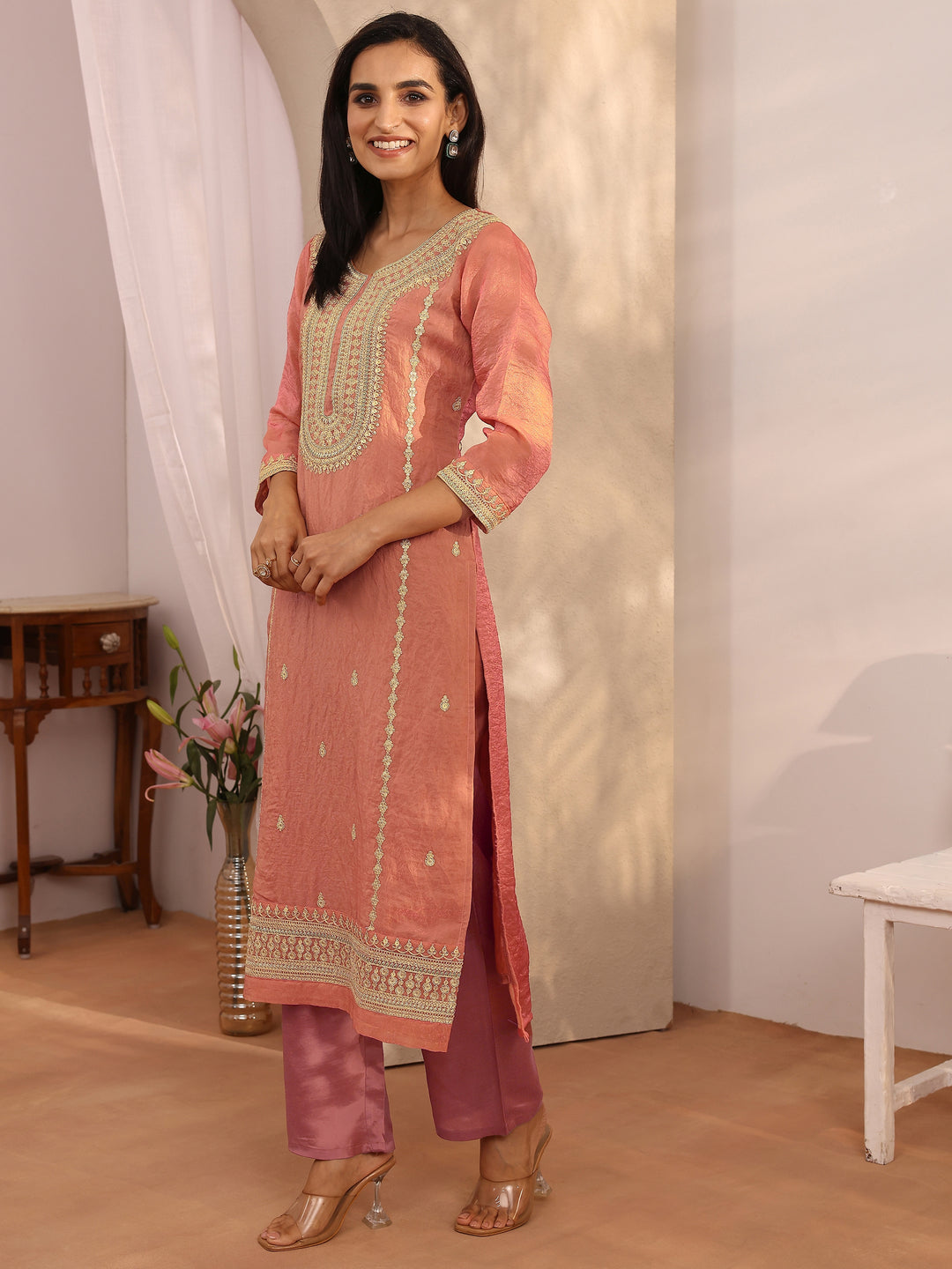  Peach Embroidered Organza Straight Suit Set With Dupatta 