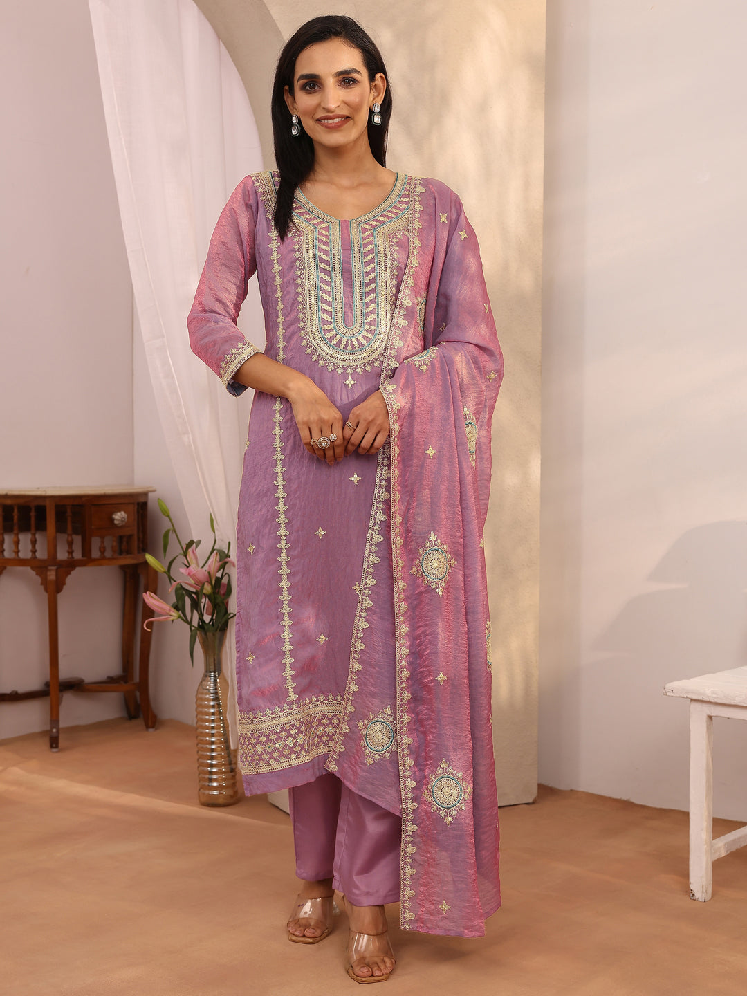  Purple Embroidered Organza Straight Suit Set With Dupatta 