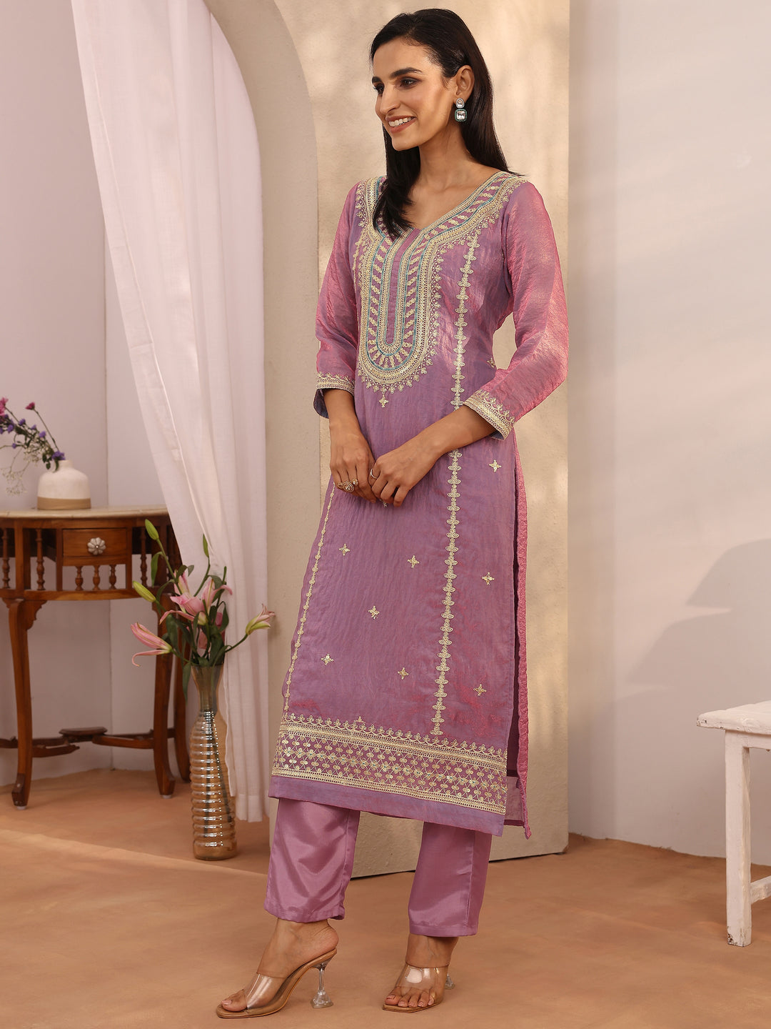  Purple Embroidered Organza Straight Suit Set With Dupatta 