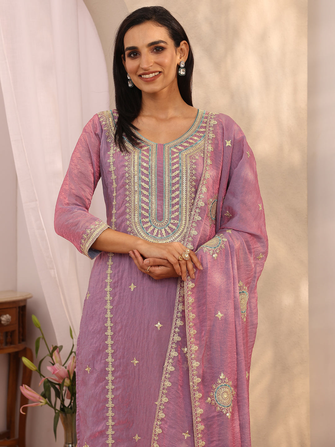  Purple Embroidered Organza Straight Suit Set With Dupatta 