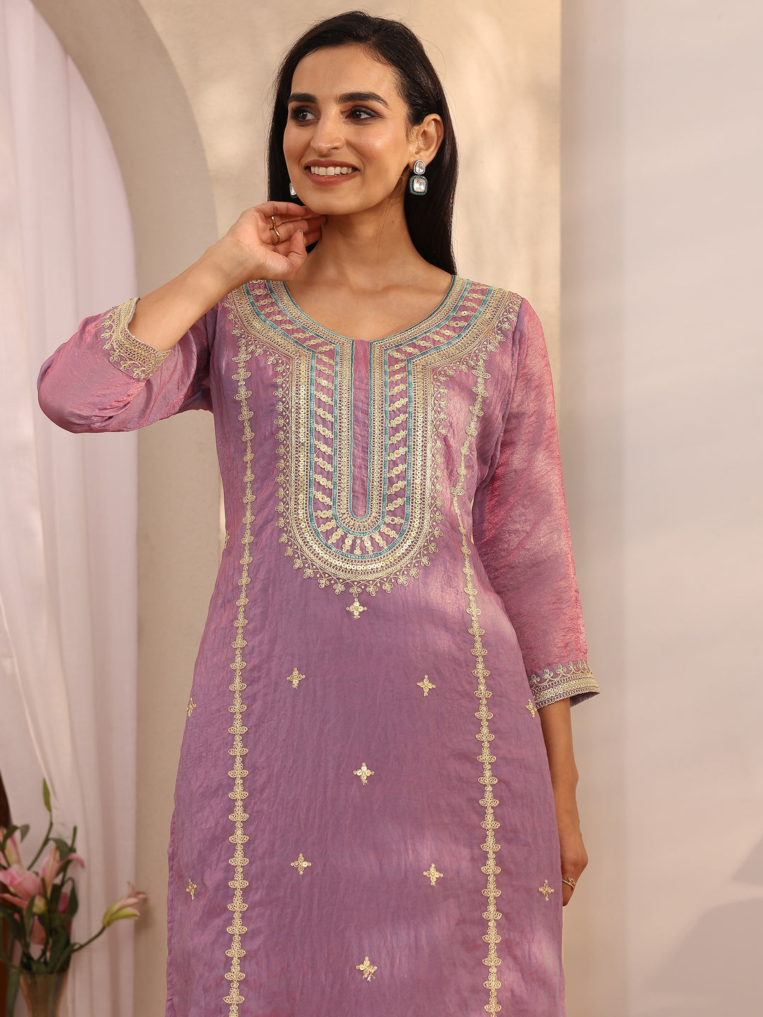  Purple Embroidered Organza Straight Suit Set With Dupatta 