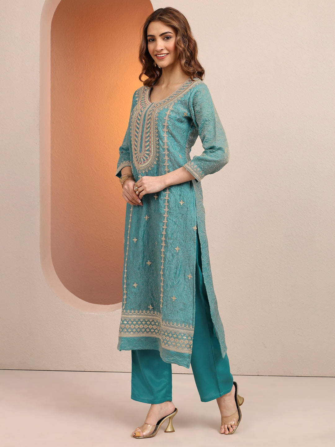  Blue Embroidered Organza Straight Suit Set With Dupatta 