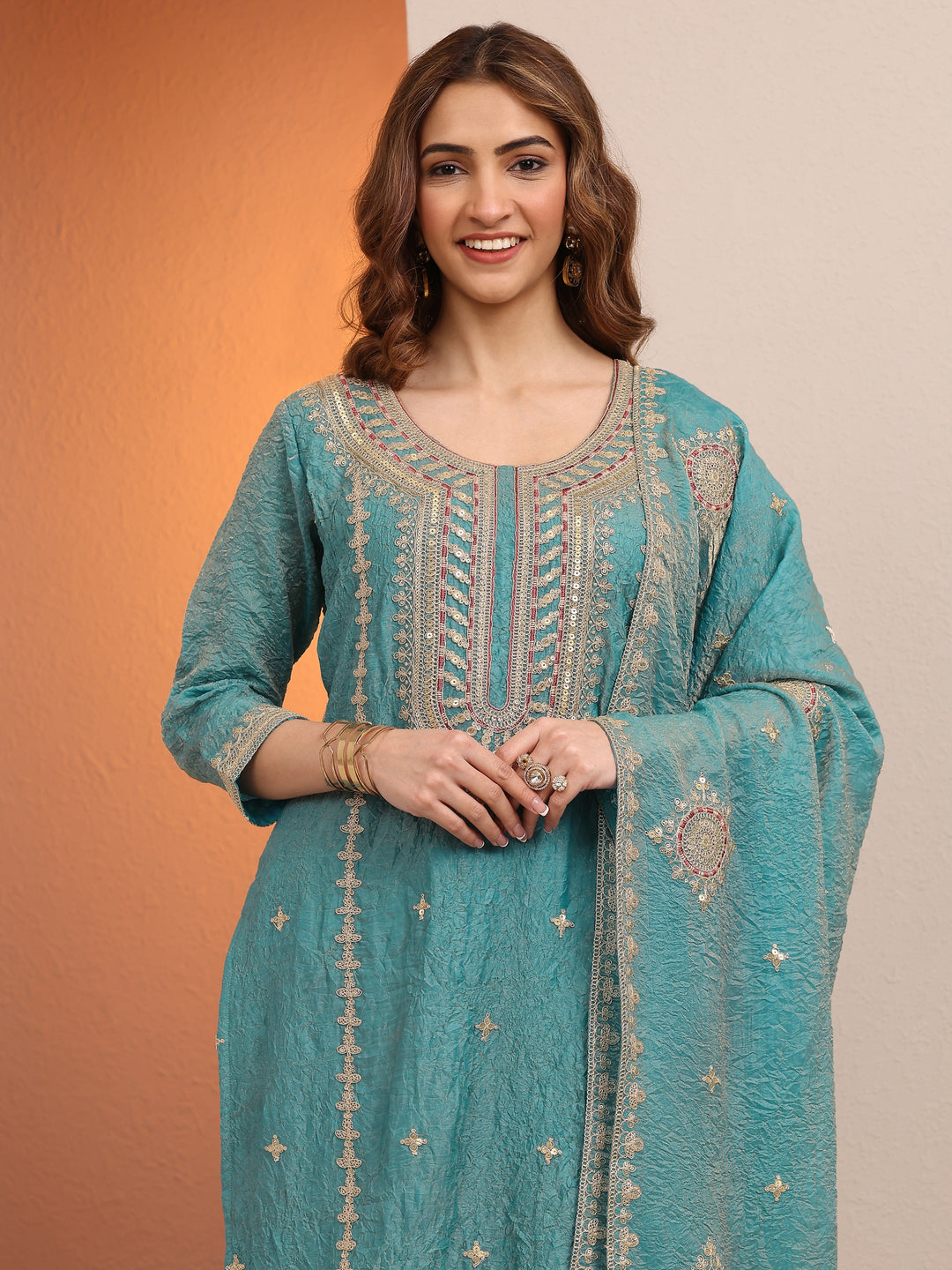  Blue Embroidered Organza Straight Suit Set With Dupatta 