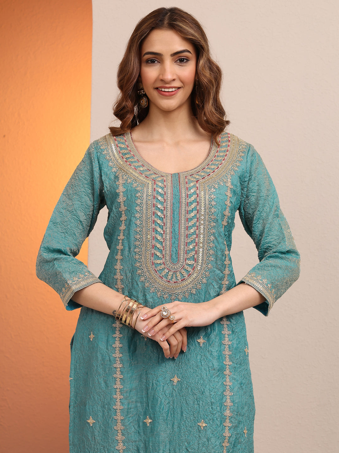 Blue Embroidered Organza Straight Suit Set With Dupatta 