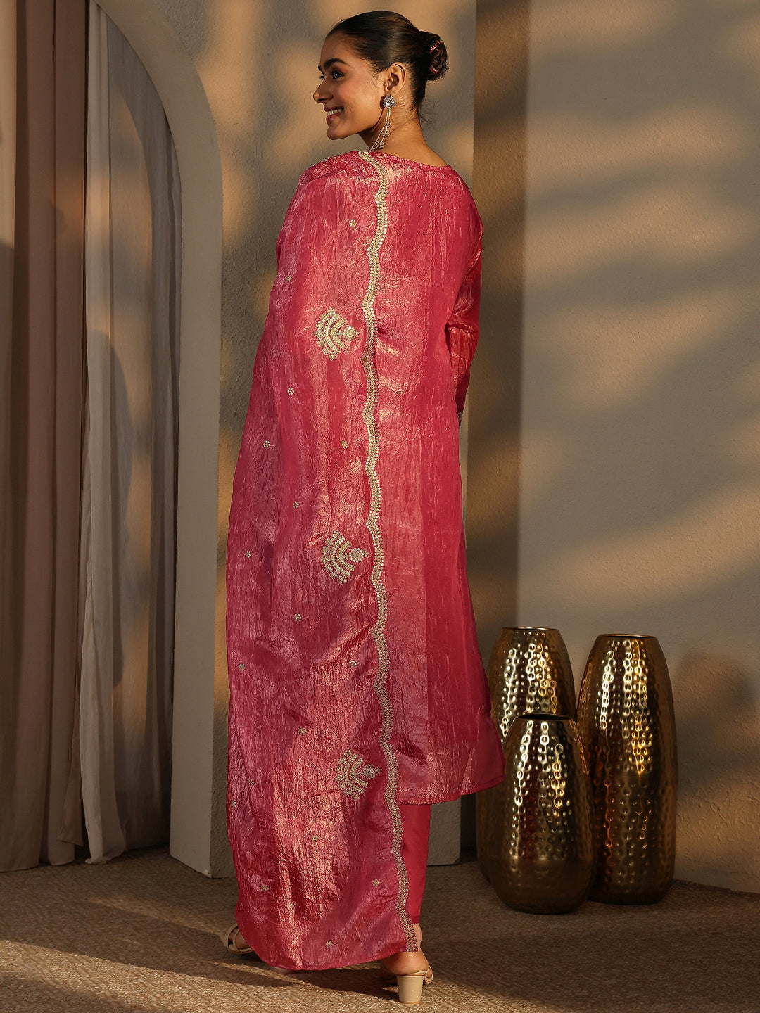  Pink Embroidered Organza Straight Suit Set With Dupatta 