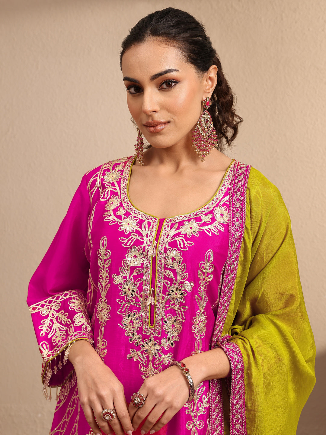  Pink Embroidered Silk Blend Straight Suit Set With Dupatta 